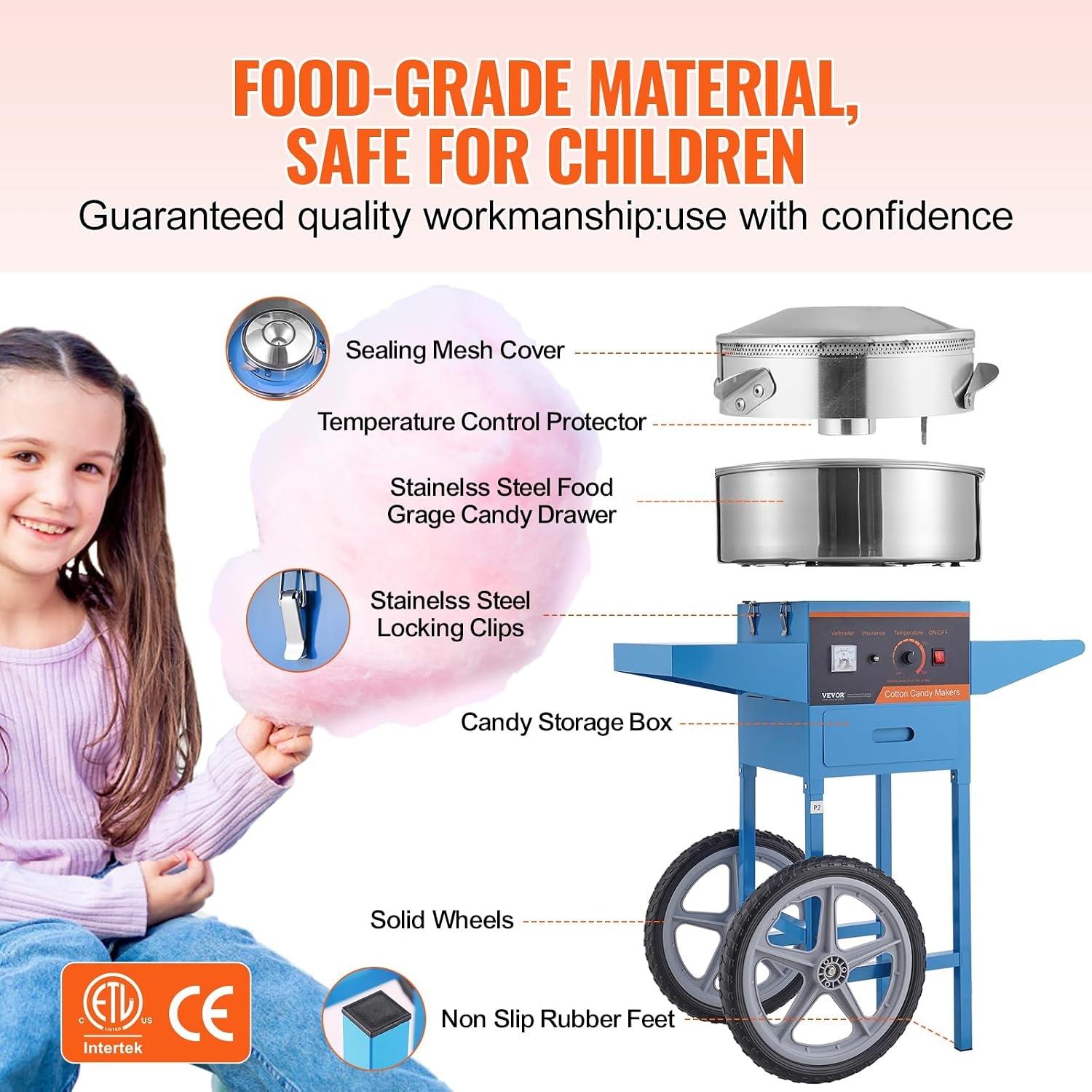 image:imageVEVOR Electric Cotton Candy Machine 1000W Candy Floss Maker Commercial Cotton Candy Machine with Stainless Steel Bowl Sugar Scoop and Drawer Perfect for Home Kids Birthday Family Party BlueBlue
