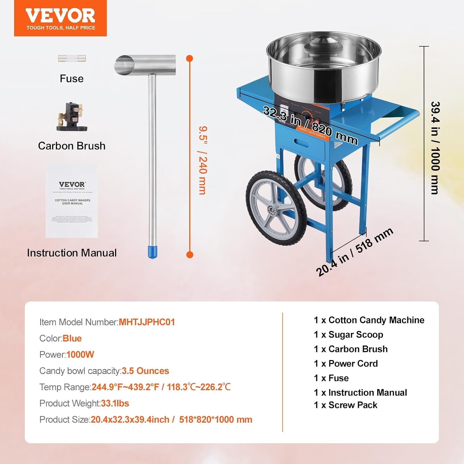 image:imageVEVOR Electric Cotton Candy Machine 1000W Candy Floss Maker Commercial Cotton Candy Machine with Stainless Steel Bowl Sugar Scoop and Drawer Perfect for Home Kids Birthday Family Party BlueBlue