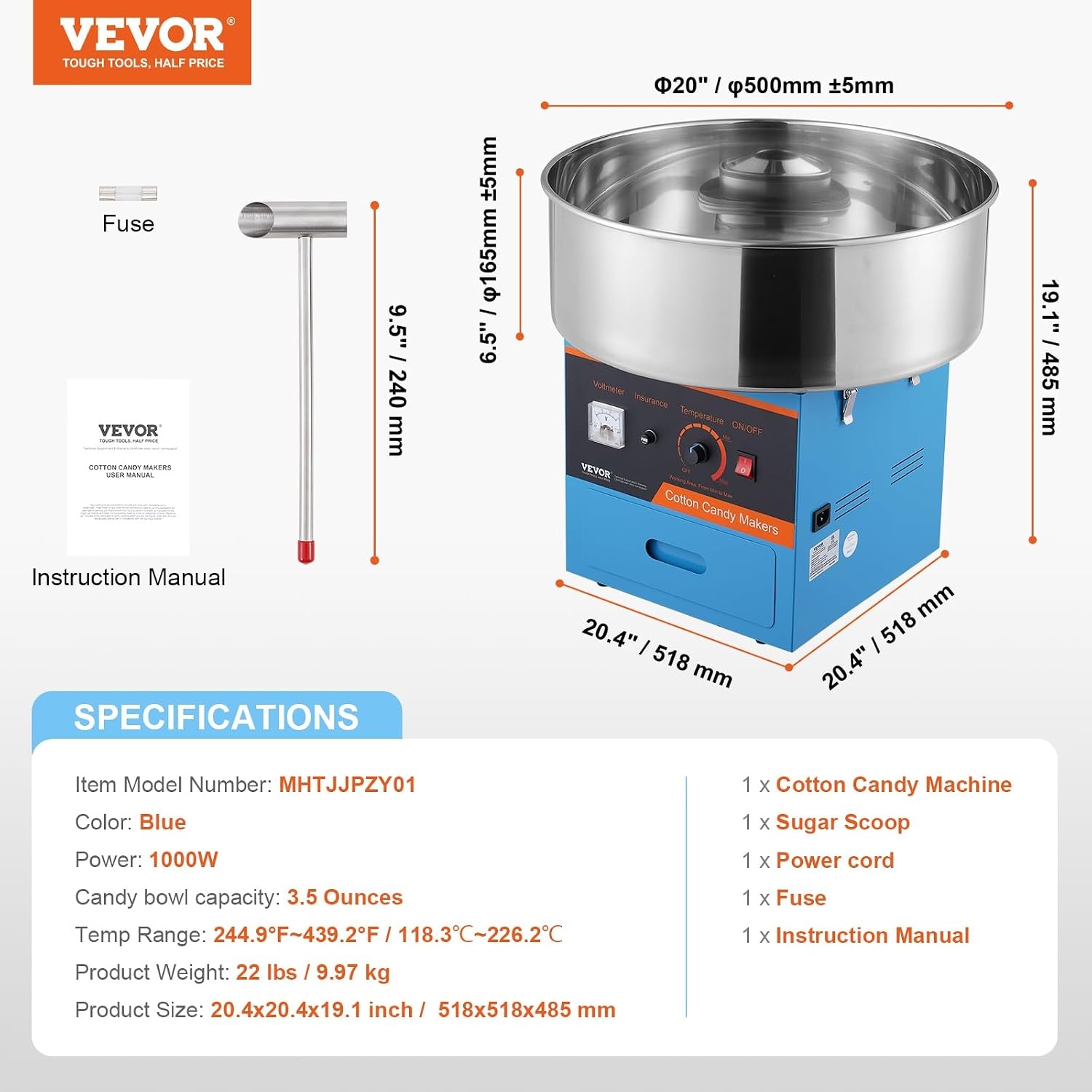 image:imageVEVOR Electric Cotton Candy Machine 1000W Candy Floss Maker Commercial Cotton Candy Machine with Stainless Steel Bowl Sugar Scoop and Drawer Perfect for Home Kids Birthday Family Party BlueBlue