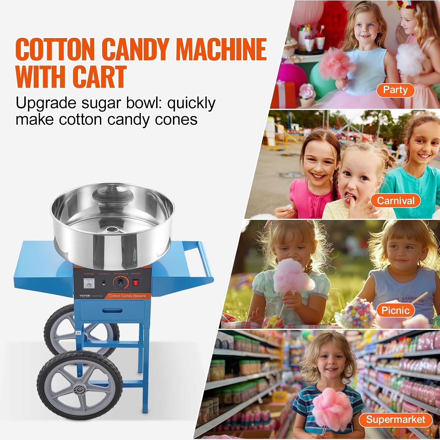 image:imageVEVOR Electric Cotton Candy Machine 1000W Candy Floss Maker Commercial Cotton Candy Machine with Stainless Steel Bowl Sugar Scoop and Drawer Perfect for Home Kids Birthday Family Party BlueBlue