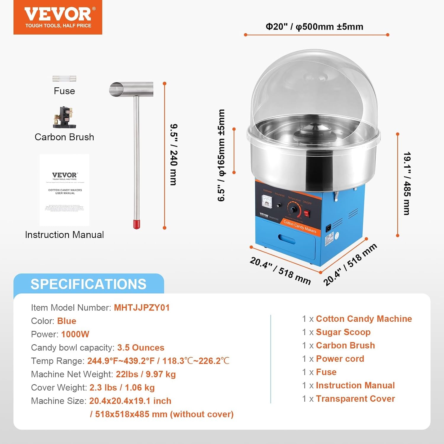 image:imageVEVOR Electric Cotton Candy Machine 1000W Candy Floss Maker Commercial Cotton Candy Machine with Stainless Steel Bowl Sugar Scoop and Drawer Perfect for Home Kids Birthday Family Party BlueBlue
