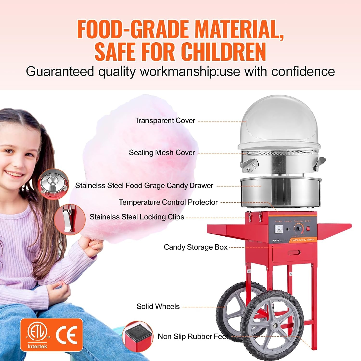 image:imageVEVOR Electric Cotton Candy Machine 1000W Candy Floss Maker Commercial Cotton Candy Machine with Stainless Steel Bowl Sugar Scoop and Drawer Perfect for Home Kids Birthday Family Party BlueRed