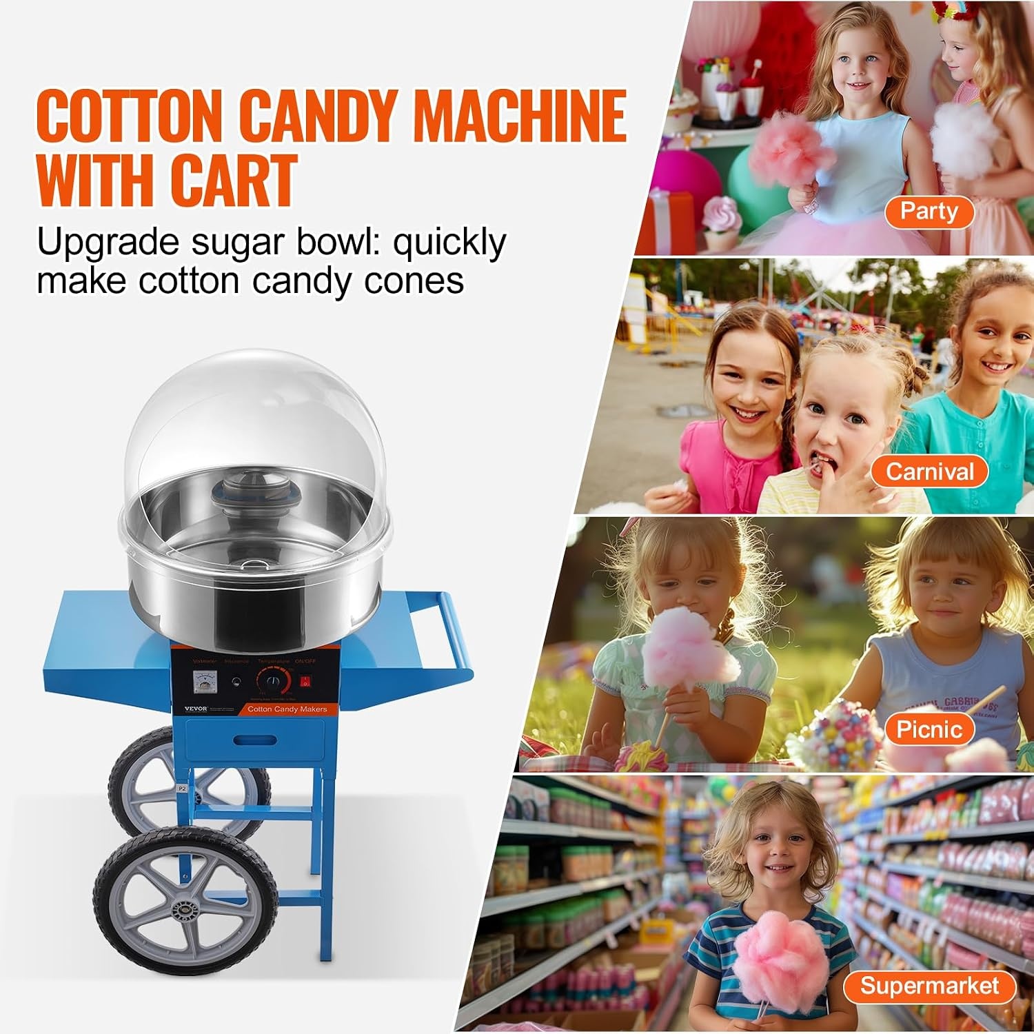 image:imageVEVOR Electric Cotton Candy Machine 1000W Candy Floss Maker Commercial Cotton Candy Machine with Stainless Steel Bowl Sugar Scoop and Drawer Perfect for Home Kids Birthday Family Party BlueBlue