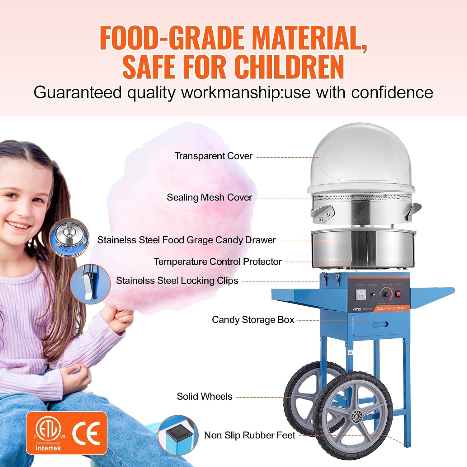 image:imageVEVOR Electric Cotton Candy Machine 1000W Candy Floss Maker Commercial Cotton Candy Machine with Stainless Steel Bowl Sugar Scoop and Drawer Perfect for Home Kids Birthday Family Party BlueBlue