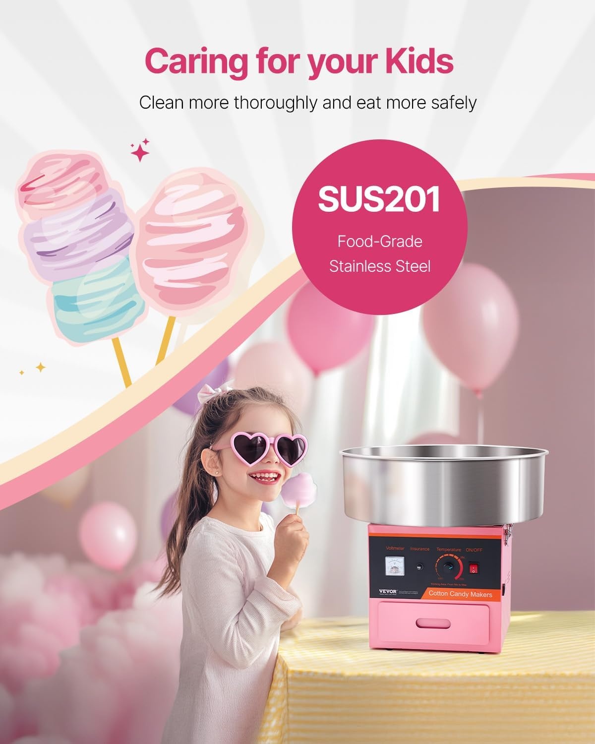 image:imageVEVOR Electric Cotton Candy Machine 1000W Candy Floss Maker Commercial Cotton Candy Machine with Stainless Steel Bowl Sugar Scoop and Drawer Perfect for Home Kids Birthday Family Party BluePink
