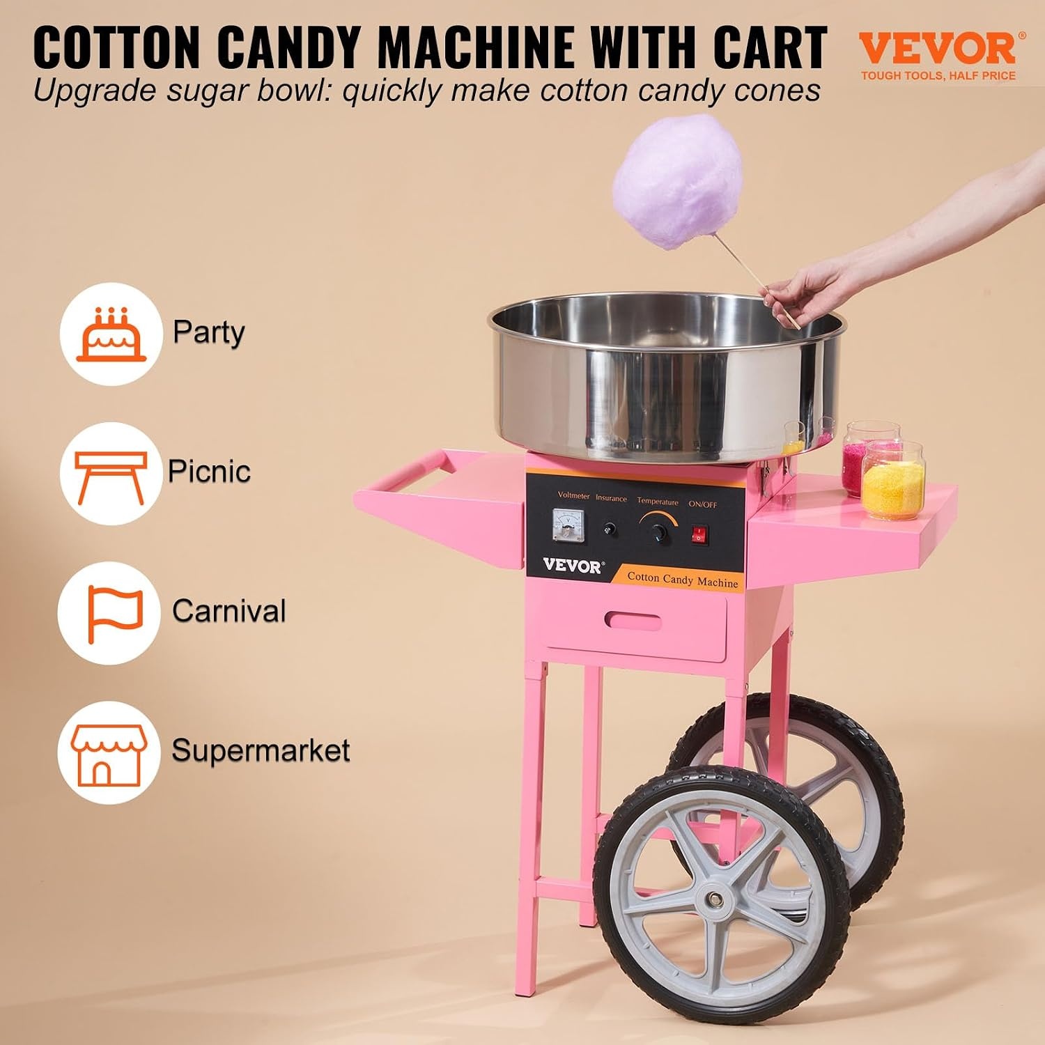 image:imageVEVOR Electric Cotton Candy Machine 1000W Candy Floss Maker Commercial Cotton Candy Machine with Stainless Steel Bowl Sugar Scoop and Drawer Perfect for Home Kids Birthday Family Party BluePink