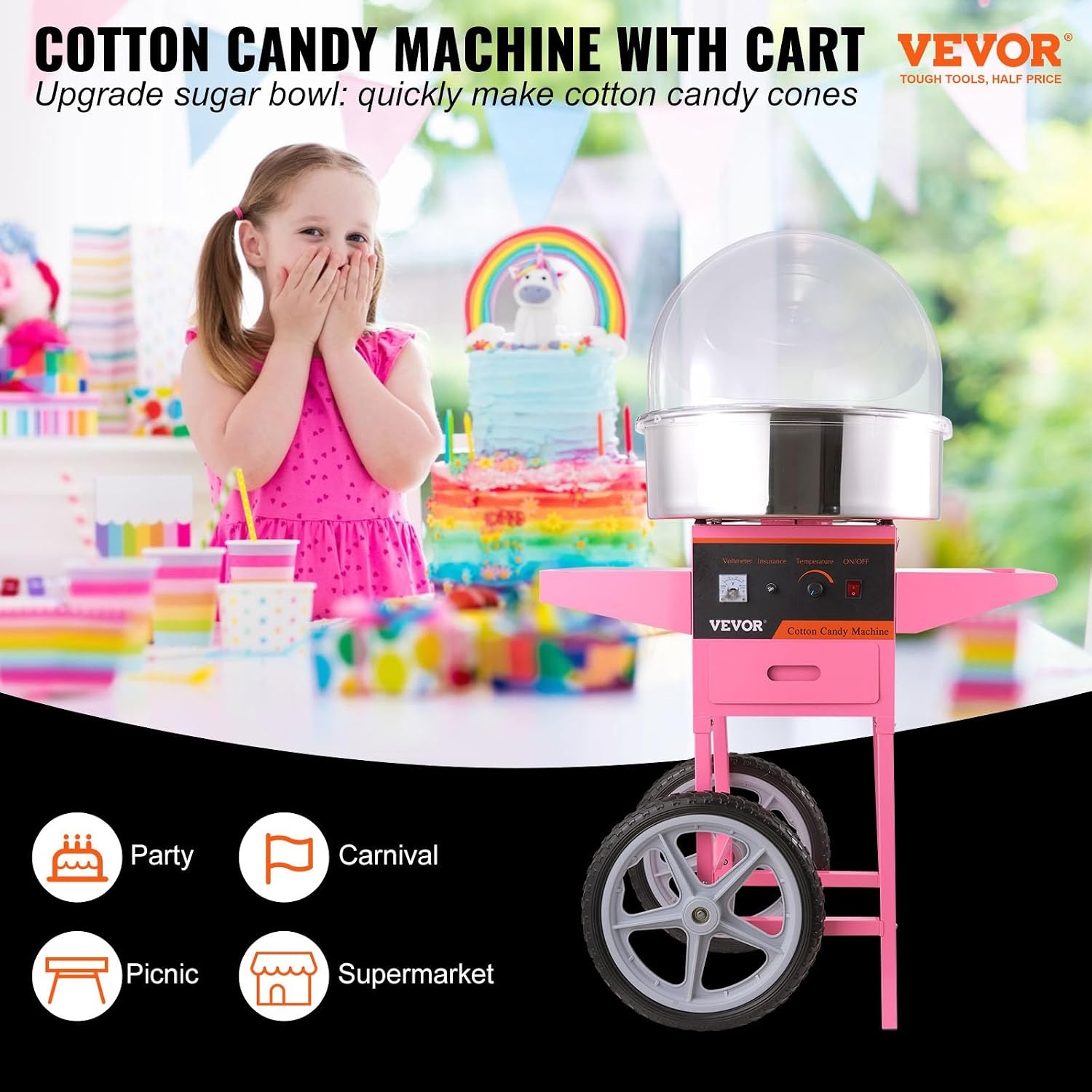 image:imageVEVOR Electric Cotton Candy Machine 1000W Candy Floss Maker Commercial Cotton Candy Machine with Stainless Steel Bowl Sugar Scoop and Drawer Perfect for Home Kids Birthday Family Party BluePink