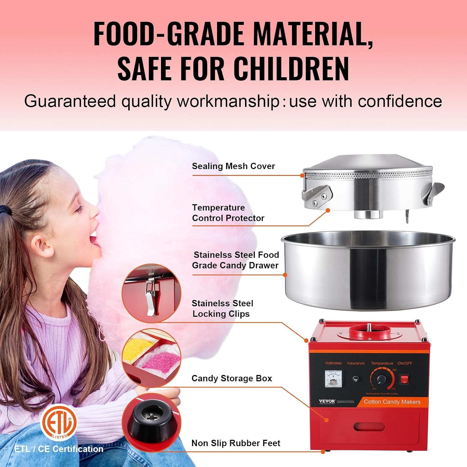 image:imageVEVOR Electric Cotton Candy Machine 1000W Candy Floss Maker Commercial Cotton Candy Machine with Stainless Steel Bowl Sugar Scoop and Drawer Perfect for Home Kids Birthday Family Party BlueRed
