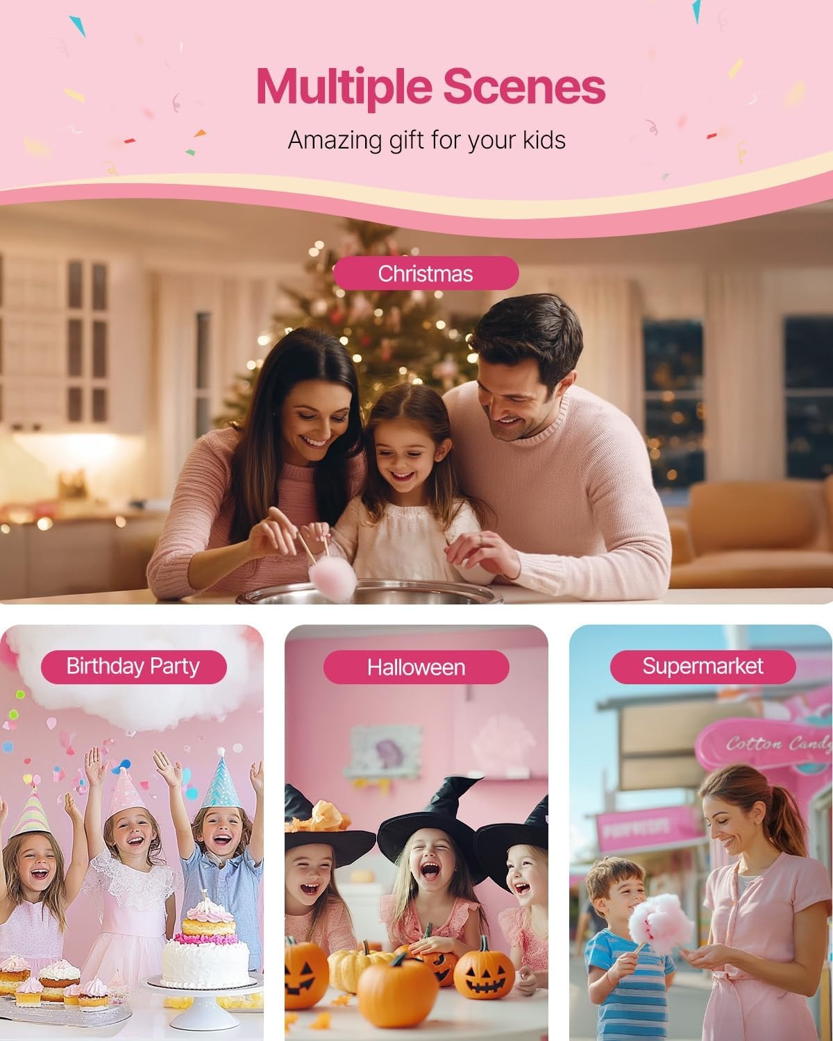 image:imageVEVOR Electric Cotton Candy Machine 1000W Candy Floss Maker Commercial Cotton Candy Machine with Stainless Steel Bowl Sugar Scoop and Drawer Perfect for Home Kids Birthday Family Party BluePink