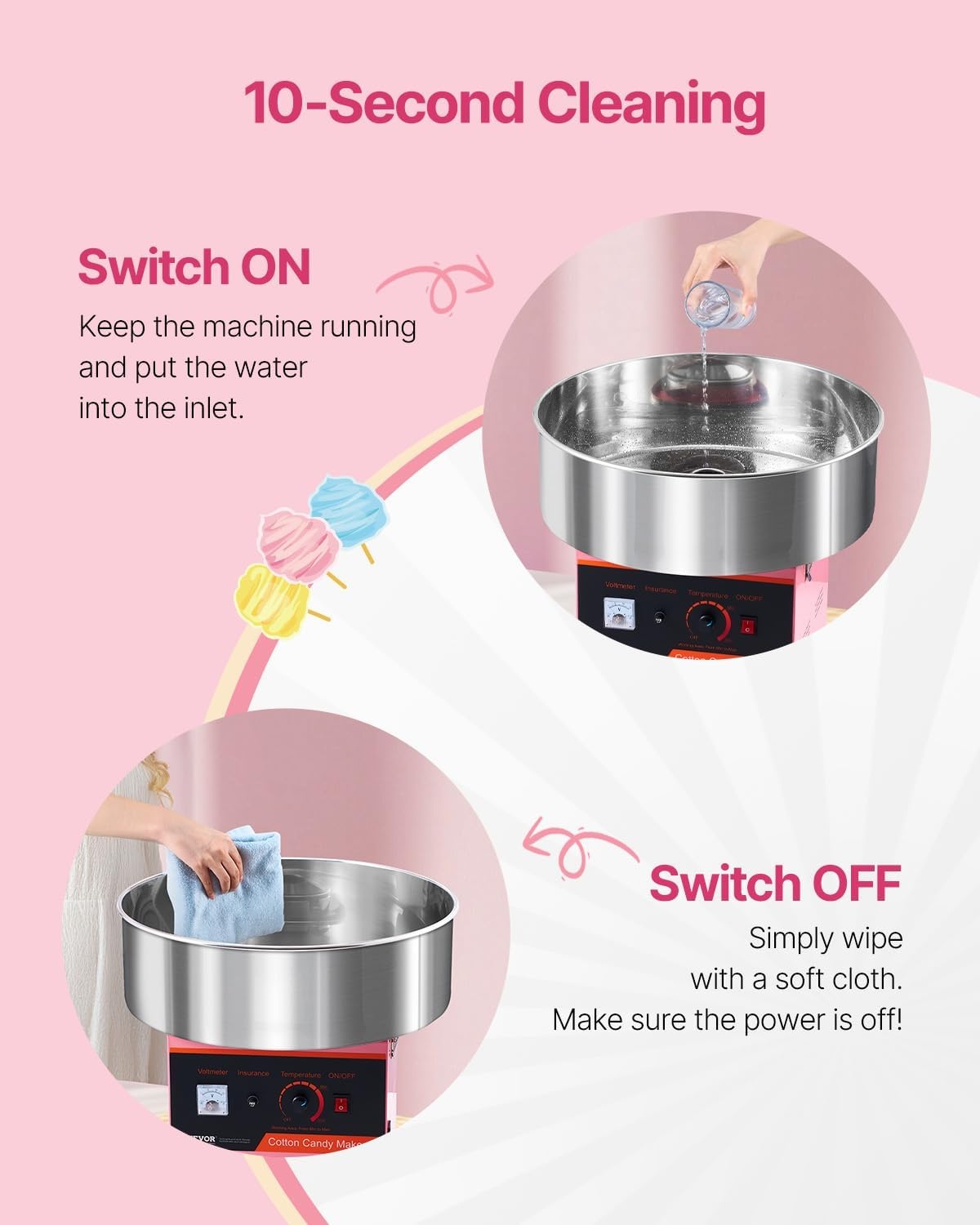 image:imageVEVOR Electric Cotton Candy Machine 1000W Candy Floss Maker Commercial Cotton Candy Machine with Stainless Steel Bowl Sugar Scoop and Drawer Perfect for Home Kids Birthday Family Party BluePink