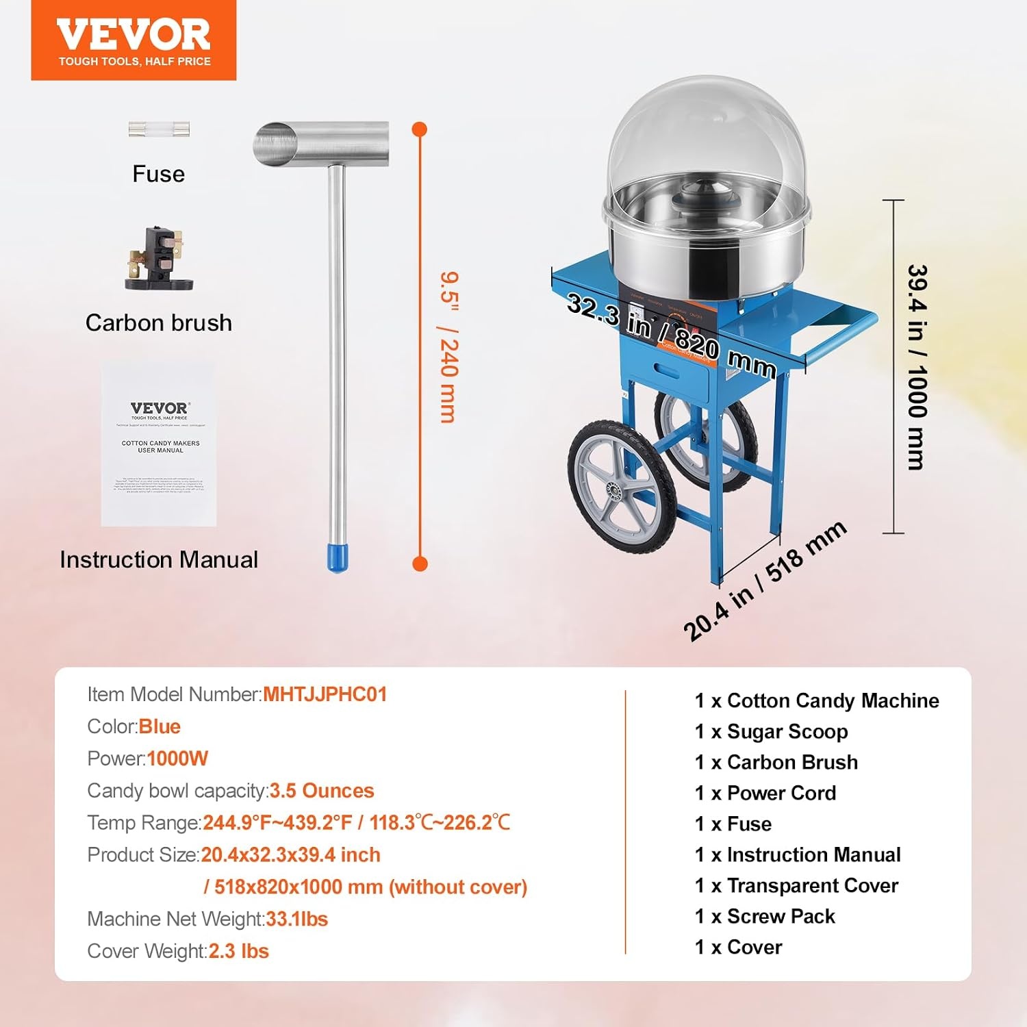 image:imageVEVOR Electric Cotton Candy Machine 1000W Candy Floss Maker Commercial Cotton Candy Machine with Stainless Steel Bowl Sugar Scoop and Drawer Perfect for Home Kids Birthday Family Party BlueBlue