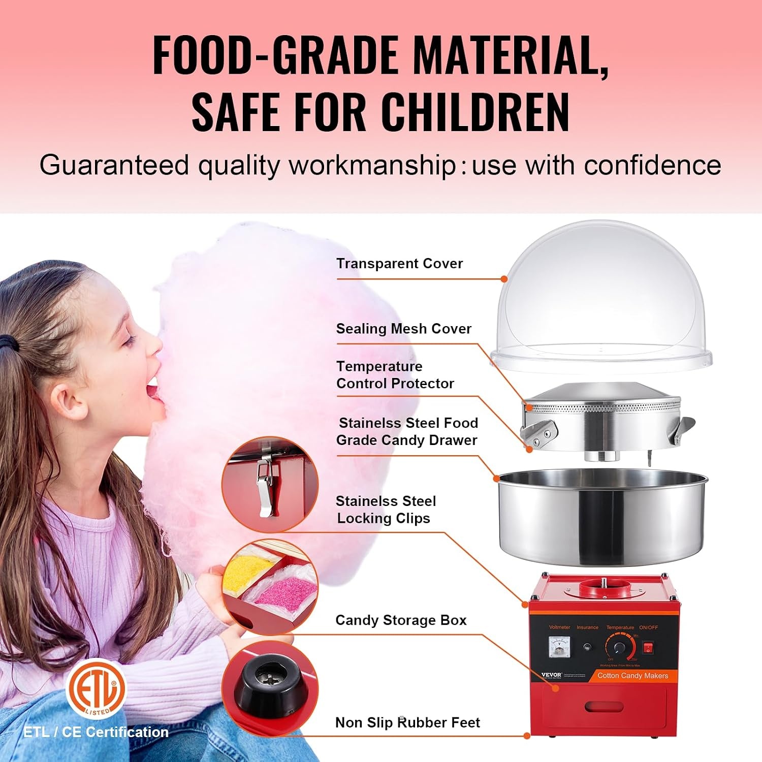 image:imageVEVOR Electric Cotton Candy Machine 1000W Candy Floss Maker Commercial Cotton Candy Machine with Stainless Steel Bowl Sugar Scoop and Drawer Perfect for Home Kids Birthday Family Party BlueRed