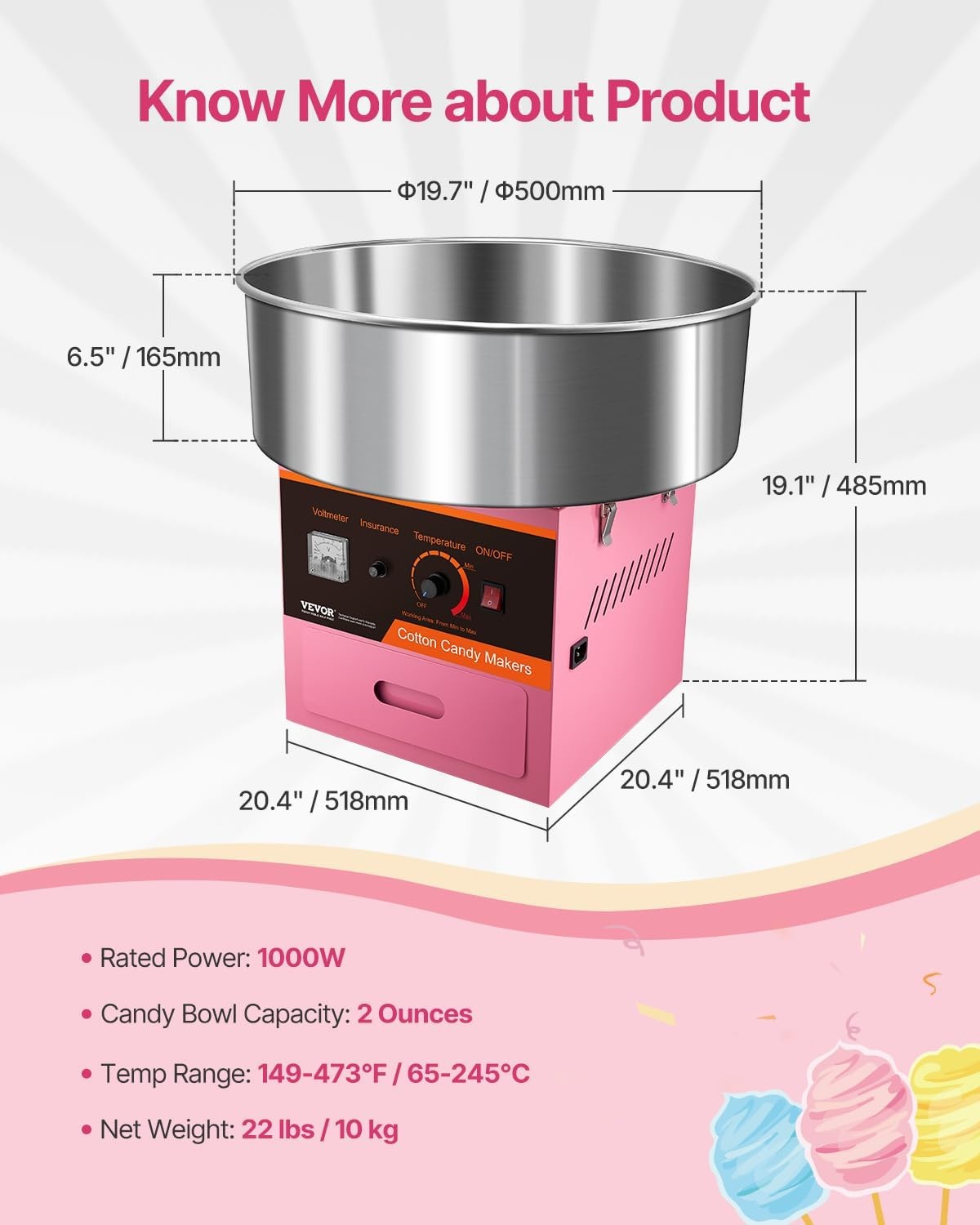 image:imageVEVOR Electric Cotton Candy Machine 1000W Candy Floss Maker Commercial Cotton Candy Machine with Stainless Steel Bowl Sugar Scoop and Drawer Perfect for Home Kids Birthday Family Party BluePink