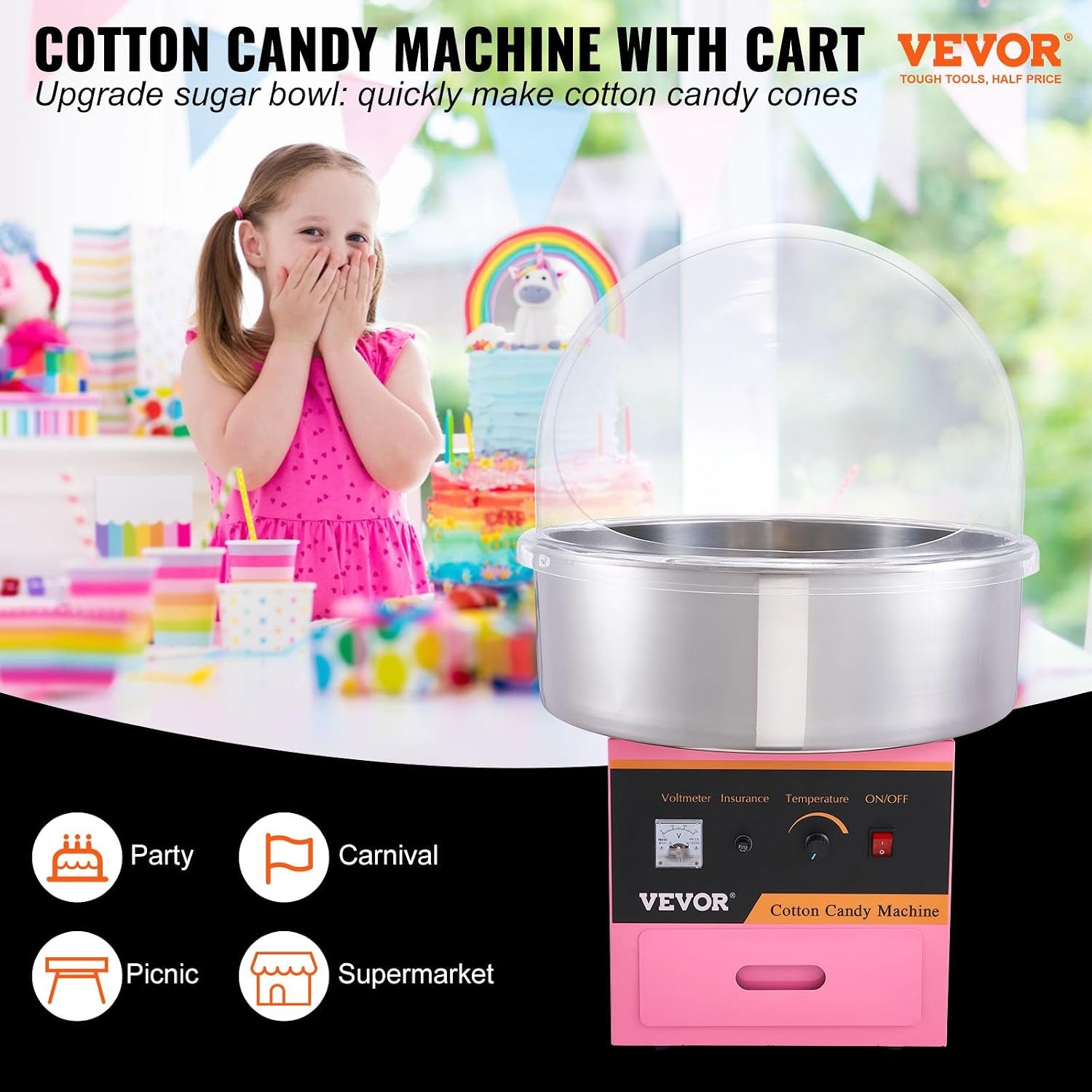image:imageVEVOR Electric Cotton Candy Machine 1000W Candy Floss Maker Commercial Cotton Candy Machine with Stainless Steel Bowl Sugar Scoop and Drawer Perfect for Home Kids Birthday Family Party BluePink