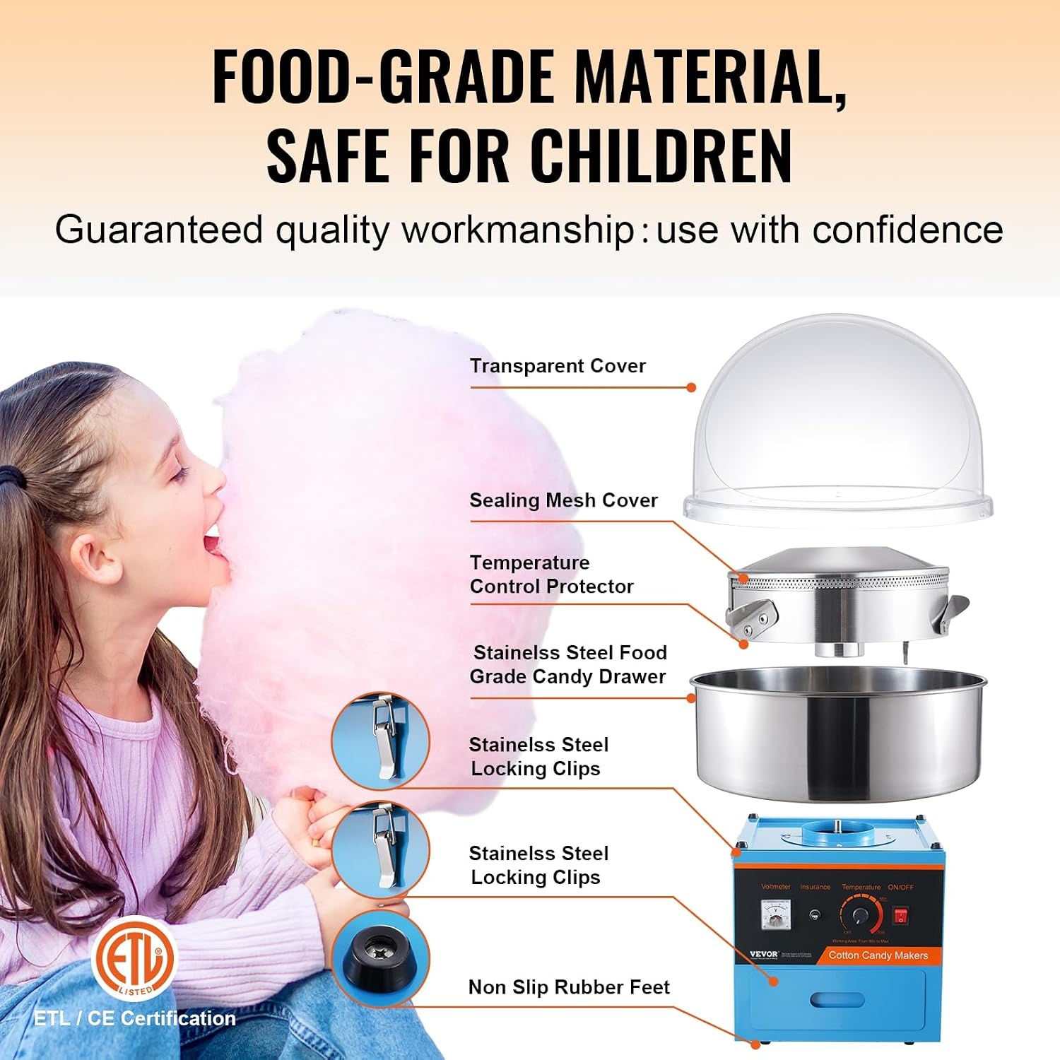 image:imageVEVOR Electric Cotton Candy Machine 1000W Candy Floss Maker Commercial Cotton Candy Machine with Stainless Steel Bowl Sugar Scoop and Drawer Perfect for Home Kids Birthday Family Party BlueBlue