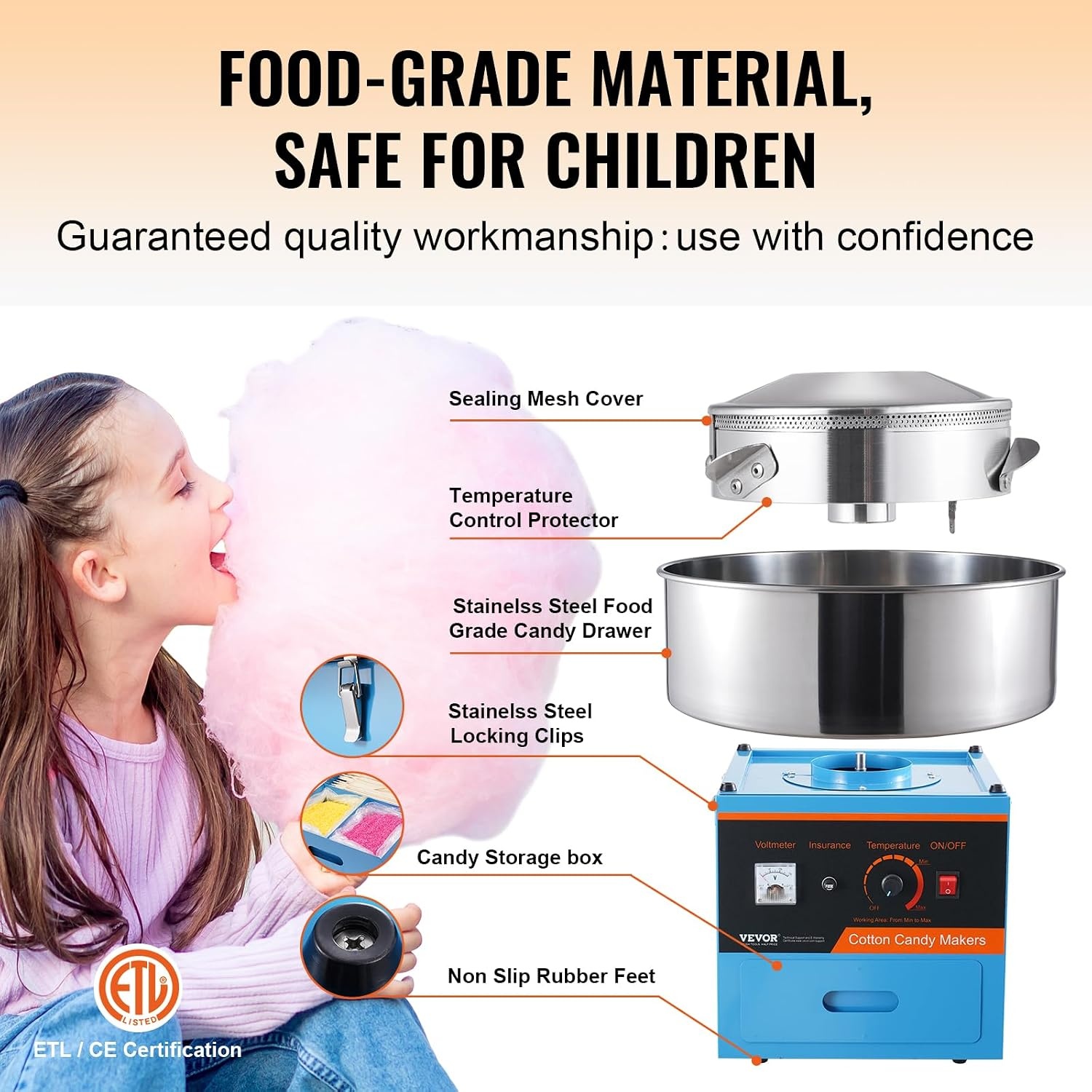 image:imageVEVOR Electric Cotton Candy Machine 1000W Candy Floss Maker Commercial Cotton Candy Machine with Stainless Steel Bowl Sugar Scoop and Drawer Perfect for Home Kids Birthday Family Party BlueBlue