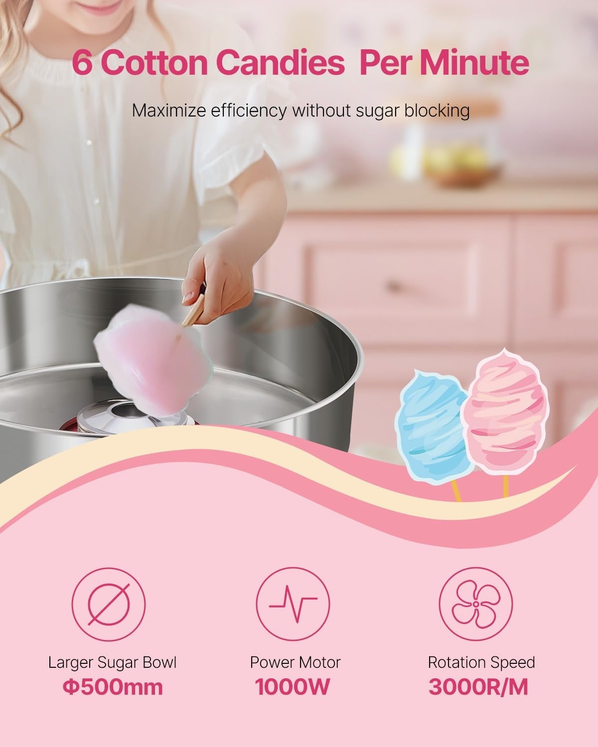 image:imageVEVOR Electric Cotton Candy Machine 1000W Candy Floss Maker Commercial Cotton Candy Machine with Stainless Steel Bowl Sugar Scoop and Drawer Perfect for Home Kids Birthday Family Party BluePink