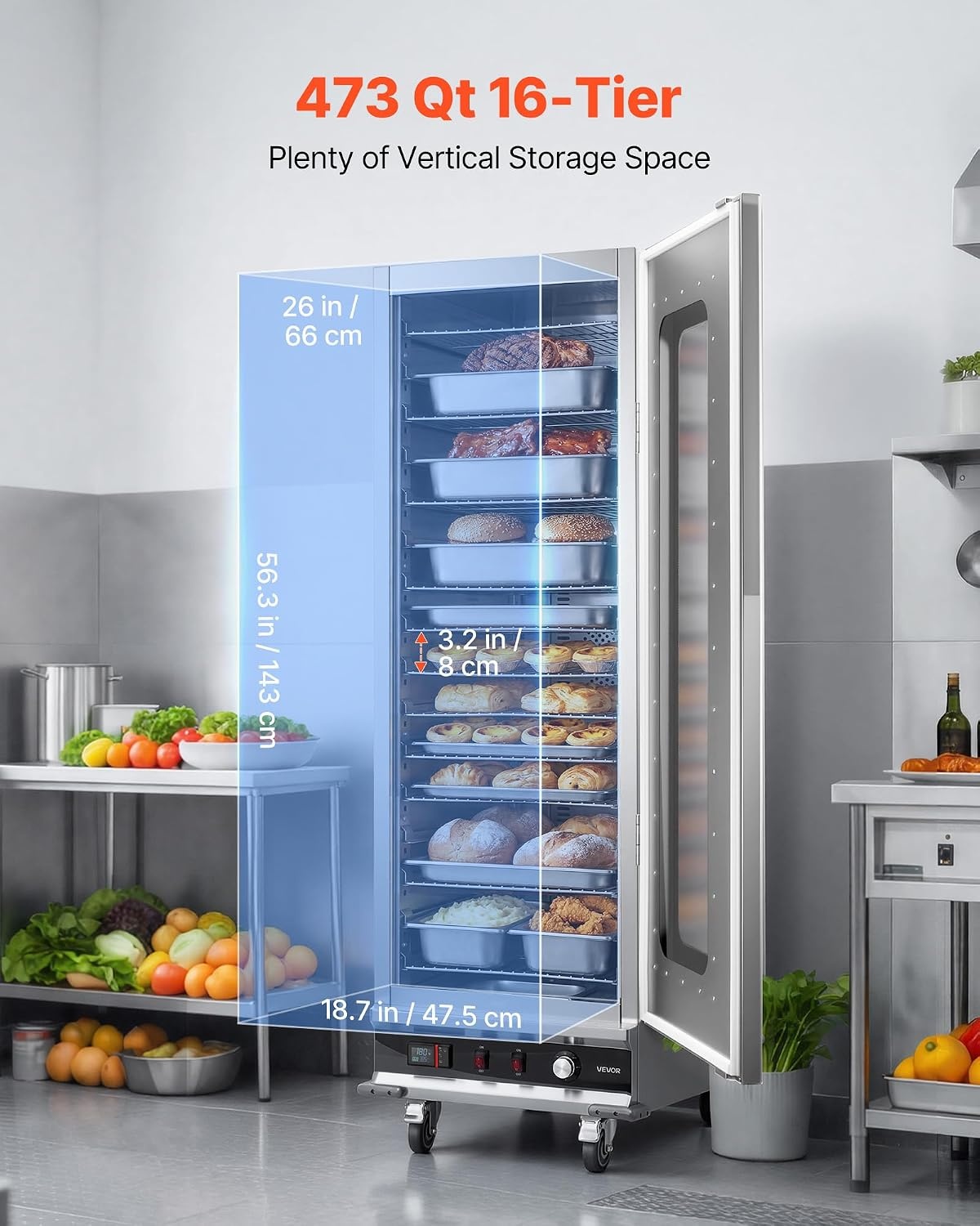 image:imageVEVOR Electric Hot Box Food Warmer 4Tier Commercial Warming Cabinet with Water Tray DoubleDoor and Adjustable Shelves Stainless Steel Food Warmer Cabinet for Restaurant Kitchen Pizza Chicken16 TierGlass Door