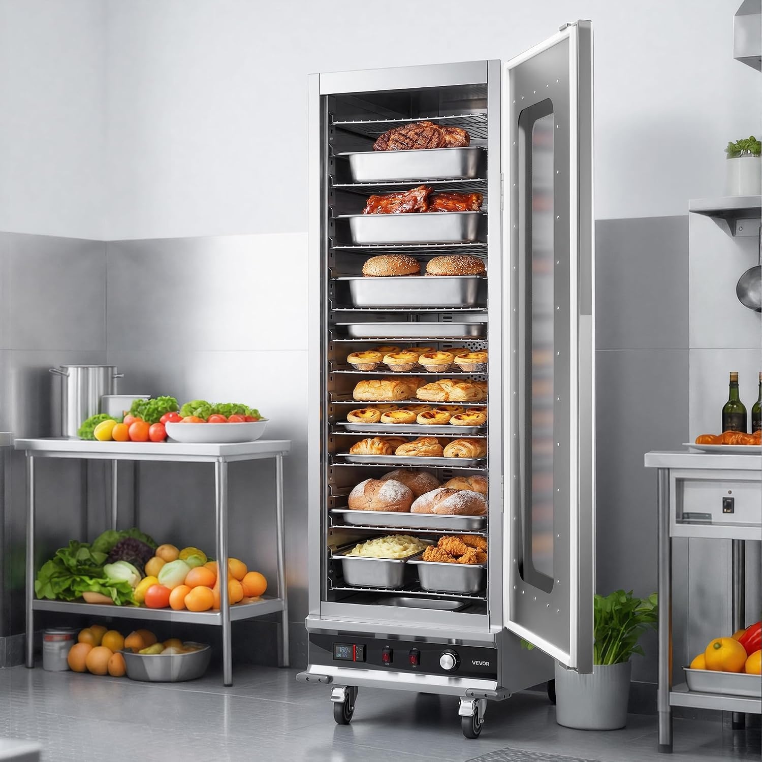 image:imageVEVOR Electric Hot Box Food Warmer 4Tier Commercial Warming Cabinet with Water Tray DoubleDoor and Adjustable Shelves Stainless Steel Food Warmer Cabinet for Restaurant Kitchen Pizza Chicken16 TierGlass Door