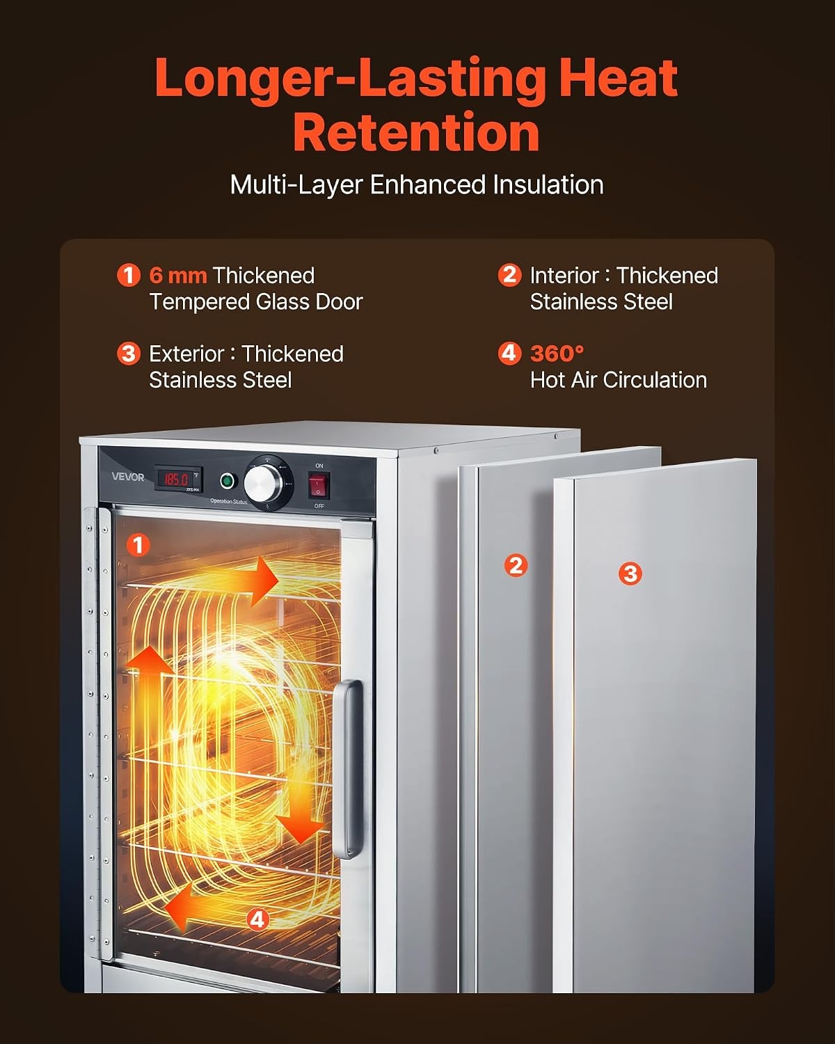 image:imageVEVOR Electric Hot Box Food Warmer 4Tier Commercial Warming Cabinet with Water Tray DoubleDoor and Adjustable Shelves Stainless Steel Food Warmer Cabinet for Restaurant Kitchen Pizza Chicken5 TierTransparent Door