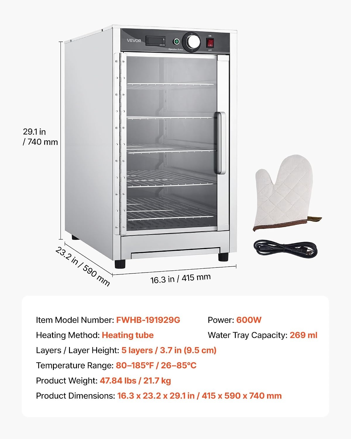 image:imageVEVOR Electric Hot Box Food Warmer 4Tier Commercial Warming Cabinet with Water Tray DoubleDoor and Adjustable Shelves Stainless Steel Food Warmer Cabinet for Restaurant Kitchen Pizza Chicken5 TierTransparent Door