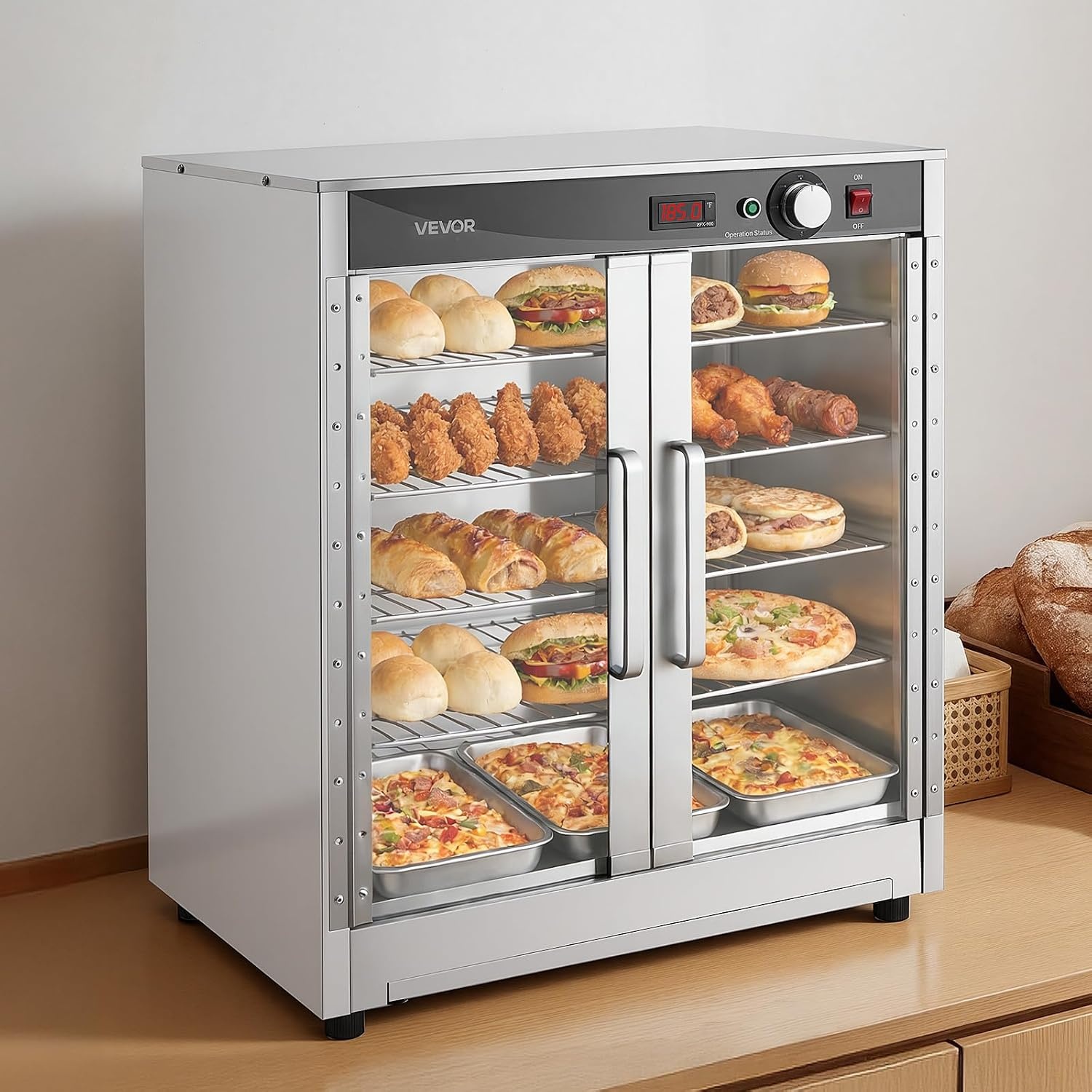 image:imageVEVOR Electric Hot Box Food Warmer 4Tier Commercial Warming Cabinet with Water Tray DoubleDoor and Adjustable Shelves Stainless Steel Food Warmer Cabinet for Restaurant Kitchen Pizza Chicken5 Tier2 Transparent Doors