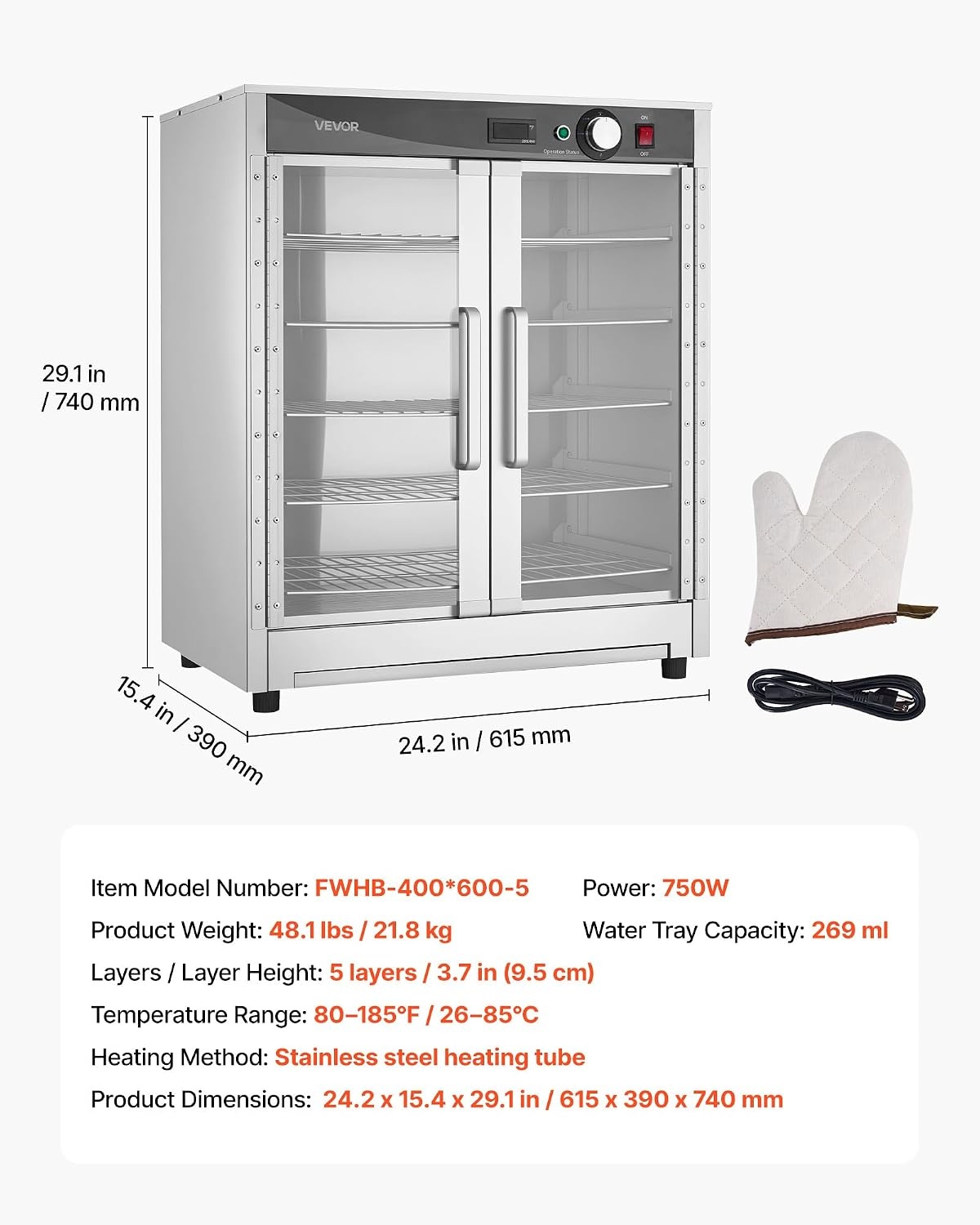 image:imageVEVOR Electric Hot Box Food Warmer 4Tier Commercial Warming Cabinet with Water Tray DoubleDoor and Adjustable Shelves Stainless Steel Food Warmer Cabinet for Restaurant Kitchen Pizza Chicken5 Tier2 Transparent Doors