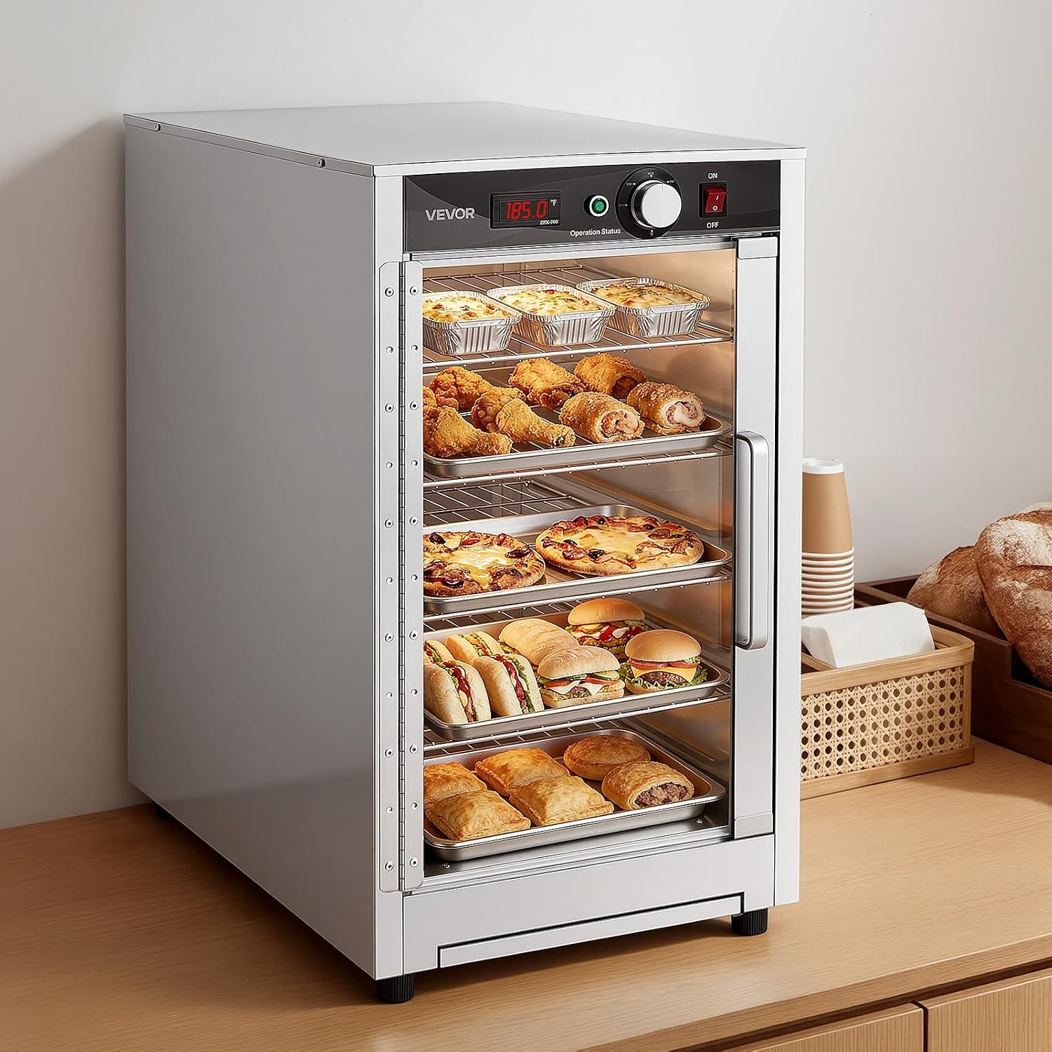 image:imageVEVOR Electric Hot Box Food Warmer 4Tier Commercial Warming Cabinet with Water Tray DoubleDoor and Adjustable Shelves Stainless Steel Food Warmer Cabinet for Restaurant Kitchen Pizza Chicken5 TierTransparent Door