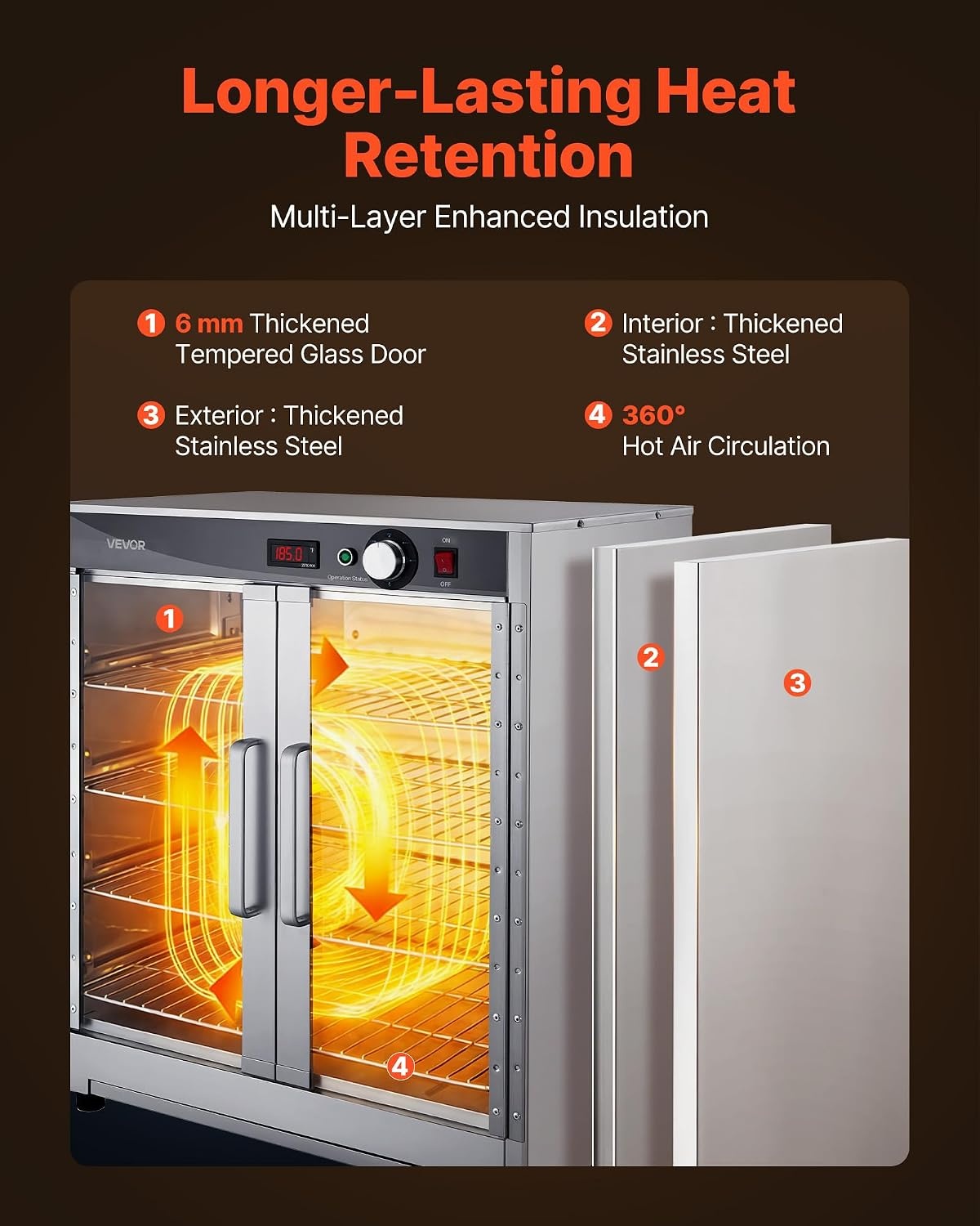 image:imageVEVOR Electric Hot Box Food Warmer 4Tier Commercial Warming Cabinet with Water Tray DoubleDoor and Adjustable Shelves Stainless Steel Food Warmer Cabinet for Restaurant Kitchen Pizza Chicken5 Tier2 Transparent Doors
