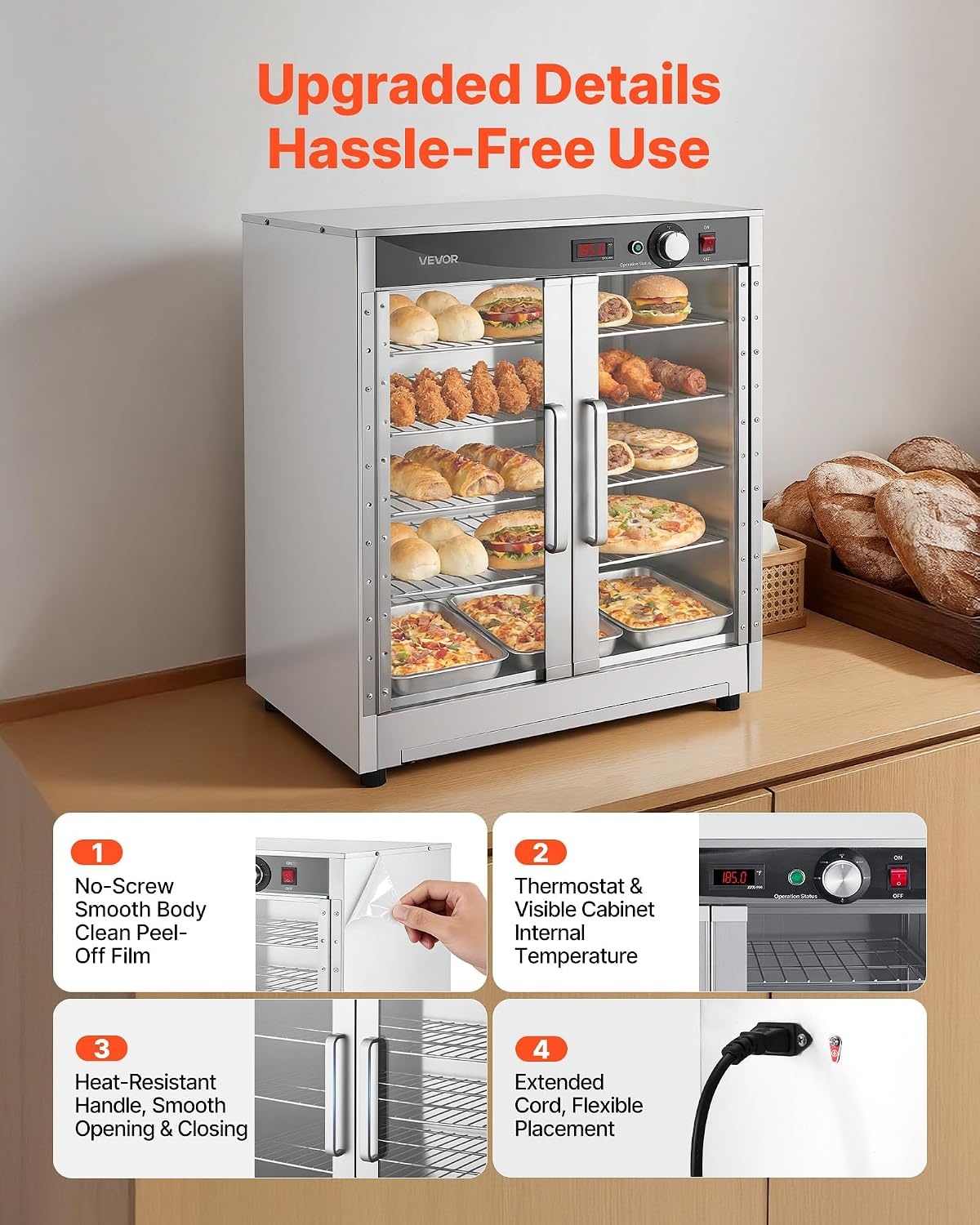 image:imageVEVOR Electric Hot Box Food Warmer 4Tier Commercial Warming Cabinet with Water Tray DoubleDoor and Adjustable Shelves Stainless Steel Food Warmer Cabinet for Restaurant Kitchen Pizza Chicken5 Tier2 Transparent Doors