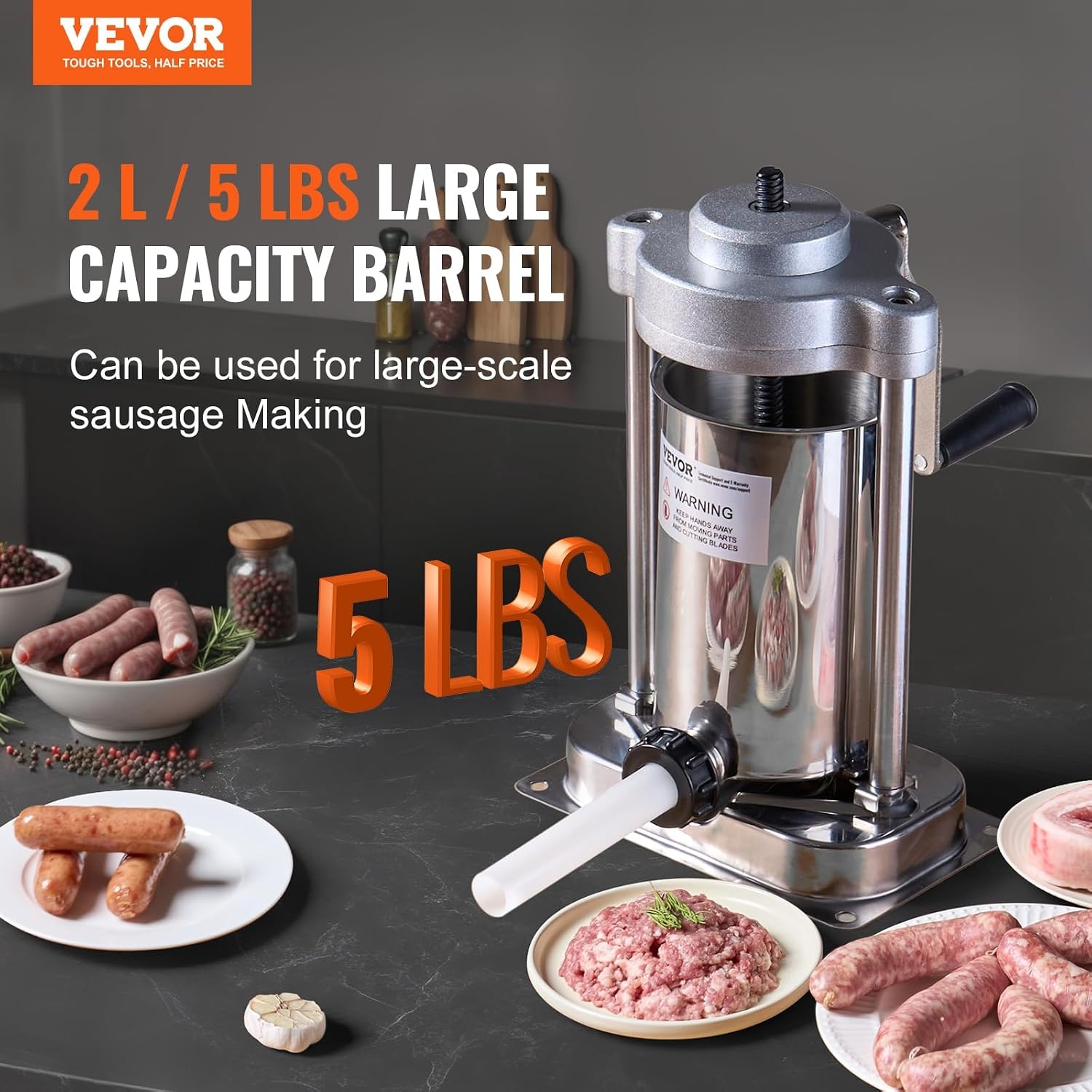 image:imageVEVOR Electric Sausage Stuffer 55 LBS 25 L Vertical Meat Stuffer Stepless Speed Control and Foot Pedal Stainless Steel Heavy Duty Sausage Filler with 5 Stuffing Tubes for Commercial amp Home Use2 L 5 LBS