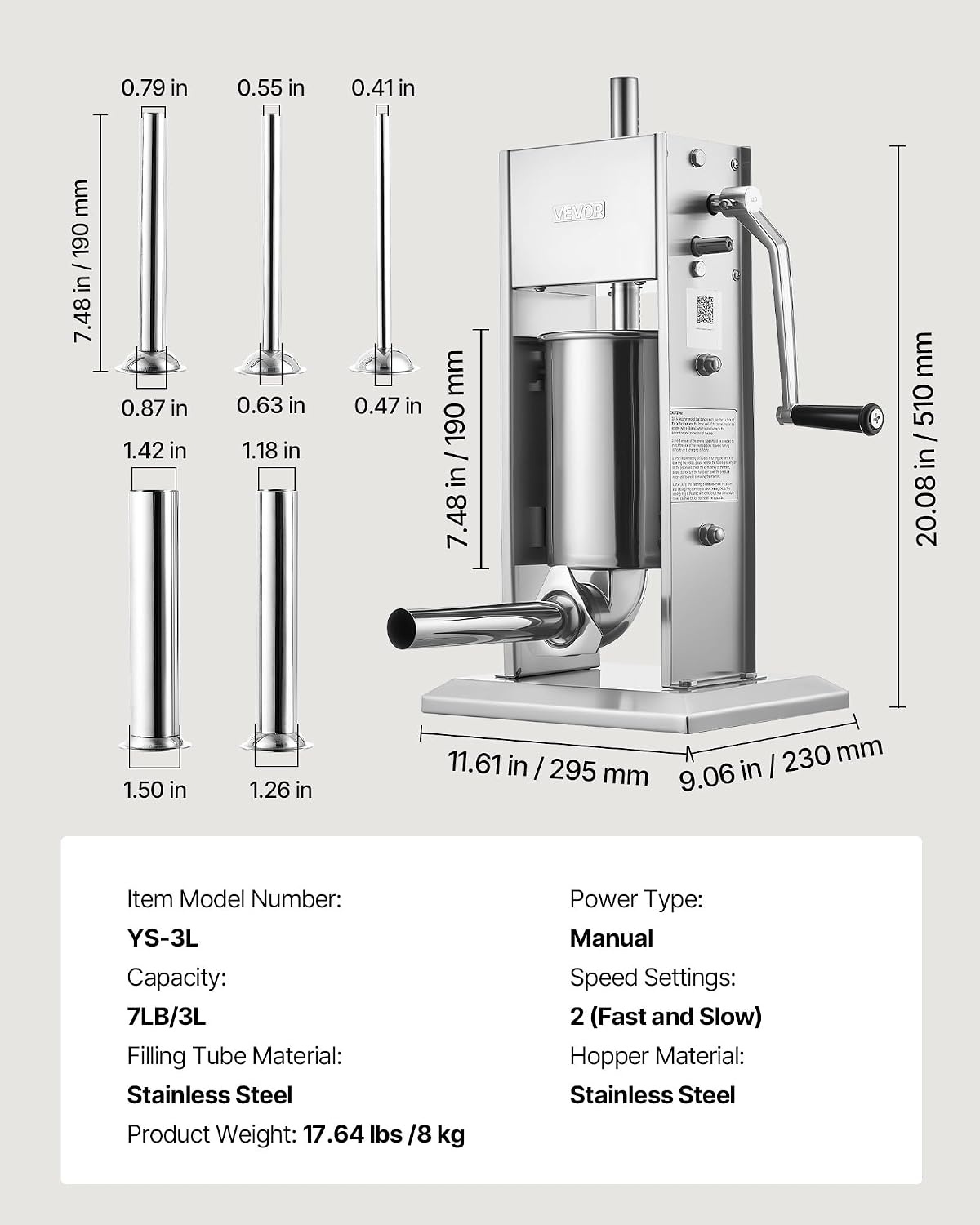 image:imageVEVOR Electric Sausage Stuffer 55 LBS 25 L Vertical Meat Stuffer Stepless Speed Control and Foot Pedal Stainless Steel Heavy Duty Sausage Filler with 5 Stuffing Tubes for Commercial amp Home Use7LBS3LNew
