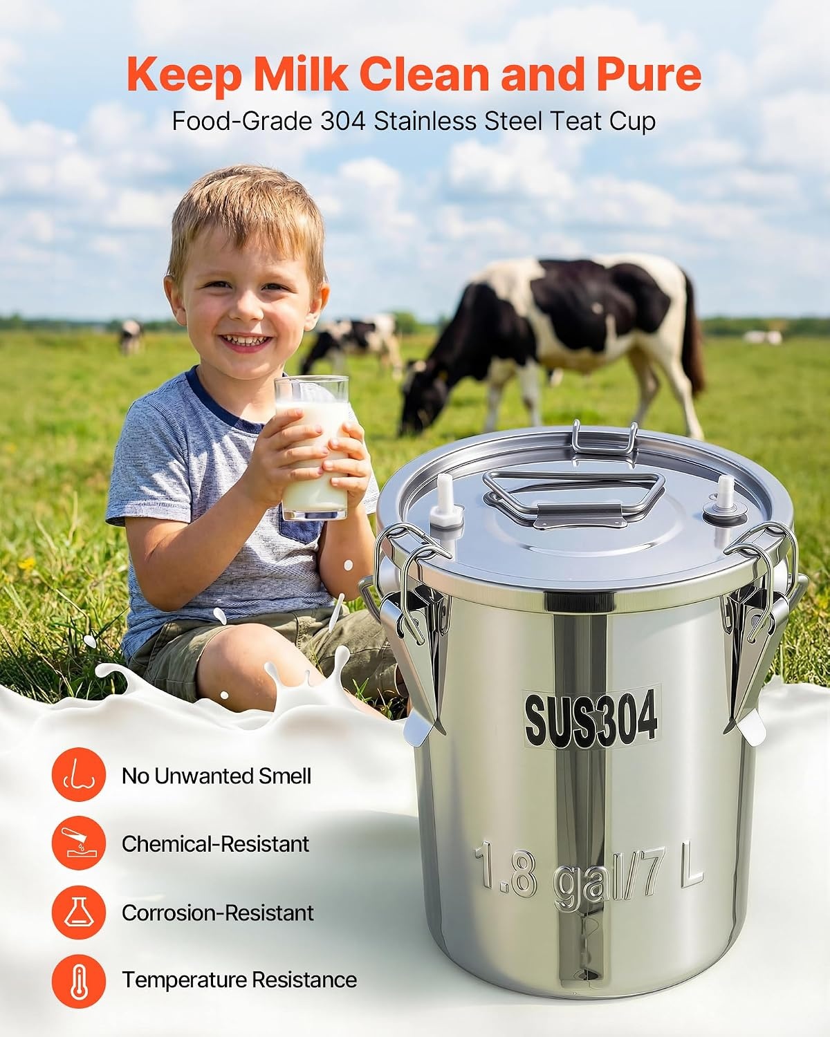 image:imageVEVOR Goat Milking Machine 18 Gal 7 L FoodGrade Stainless Steel Bucket 4 Teat Cups for Cows and Goats with 8000 mAh Rechargeable Battery Electric Pulsation Milking Machine Portable Milker