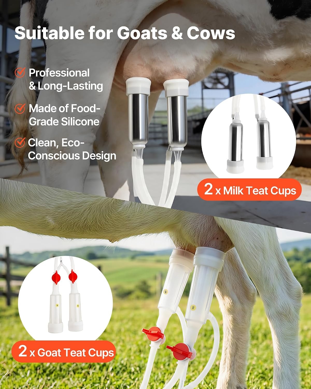 image:imageVEVOR Goat Milking Machine 18 Gal 7 L FoodGrade Stainless Steel Bucket 4 Teat Cups for Cows and Goats with 8000 mAh Rechargeable Battery Electric Pulsation Milking Machine Portable Milker