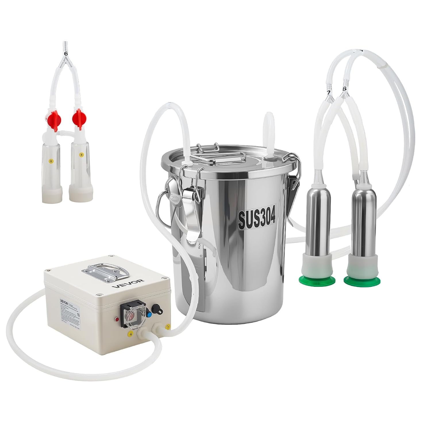 image:imageVEVOR Goat Milking Machine 18 Gal 7 L FoodGrade Stainless Steel Bucket 4 Teat Cups for Cows and Goats with 8000 mAh Rechargeable Battery Electric Pulsation Milking Machine Portable Milker
