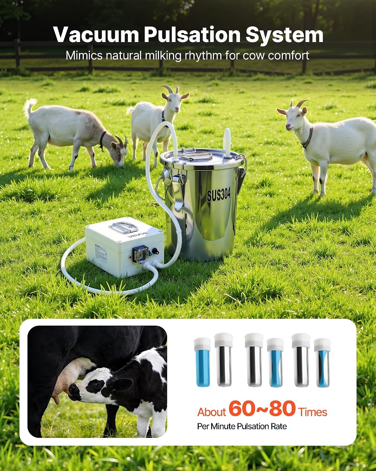 image:imageVEVOR Goat Milking Machine 18 Gal 7 L FoodGrade Stainless Steel Bucket 4 Teat Cups for Cows and Goats with 8000 mAh Rechargeable Battery Electric Pulsation Milking Machine Portable Milker