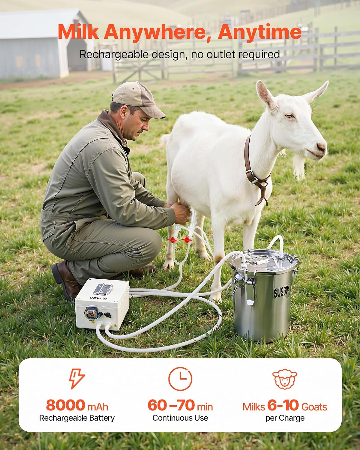 image:imageVEVOR Goat Milking Machine 18 Gal 7 L FoodGrade Stainless Steel Bucket 4 Teat Cups for Cows and Goats with 8000 mAh Rechargeable Battery Electric Pulsation Milking Machine Portable Milker