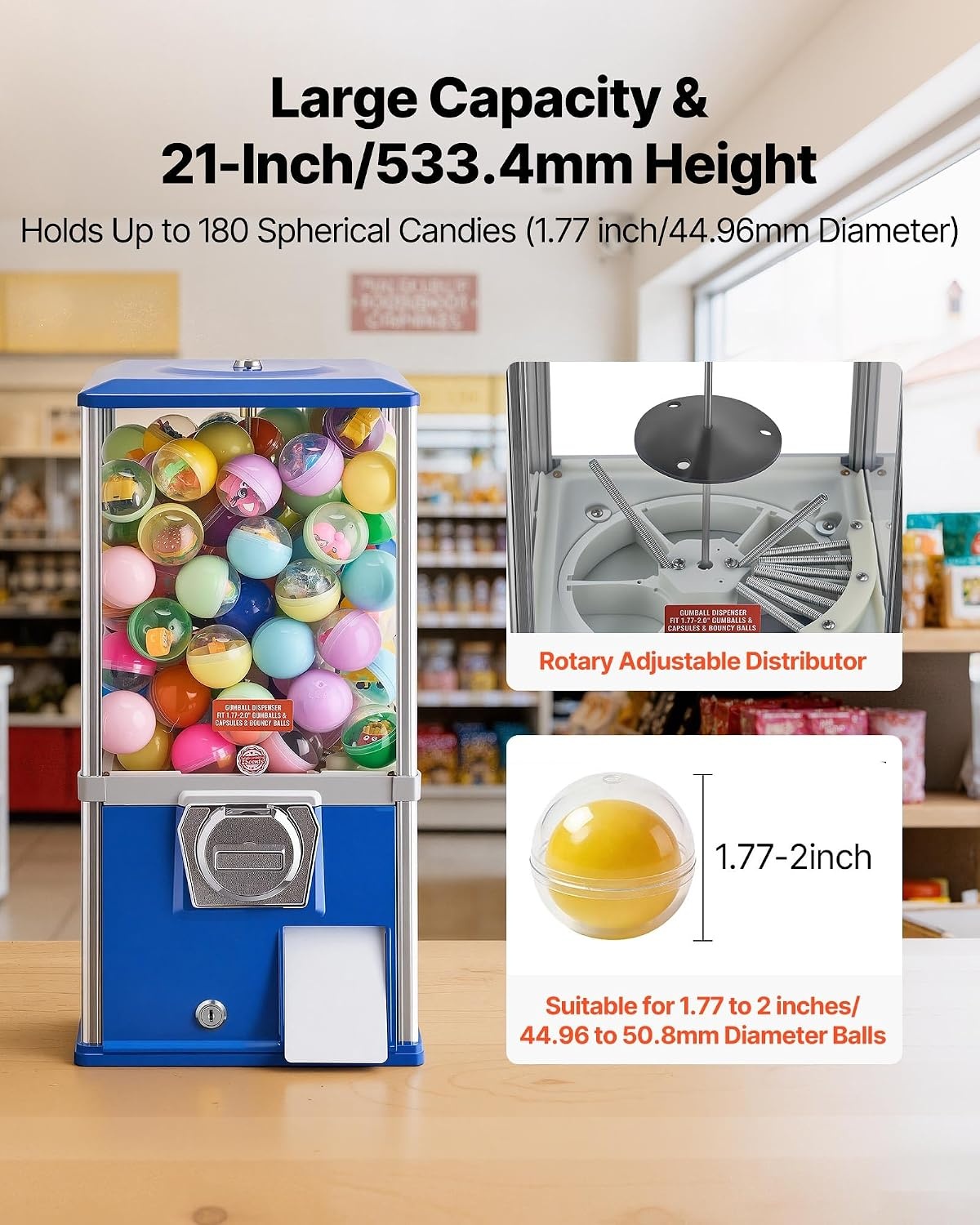 image:imageVEVOR Gumball Machine 21 inch Candy Vending Machine Dispenser 25Cent Vending Machines for Shopping Malls Supermarkets Amusement Parks Arcades Holds Up to 180 177 inch Spherical CandiesBlue
