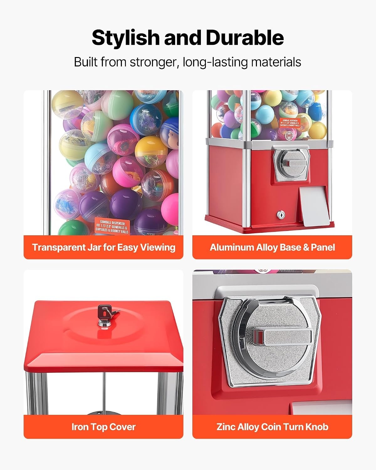 image:imageVEVOR Gumball Machine 21 inch Candy Vending Machine Dispenser 25Cent Vending Machines for Shopping Malls Supermarkets Amusement Parks Arcades Holds Up to 180 177 inch Spherical CandiesRed
