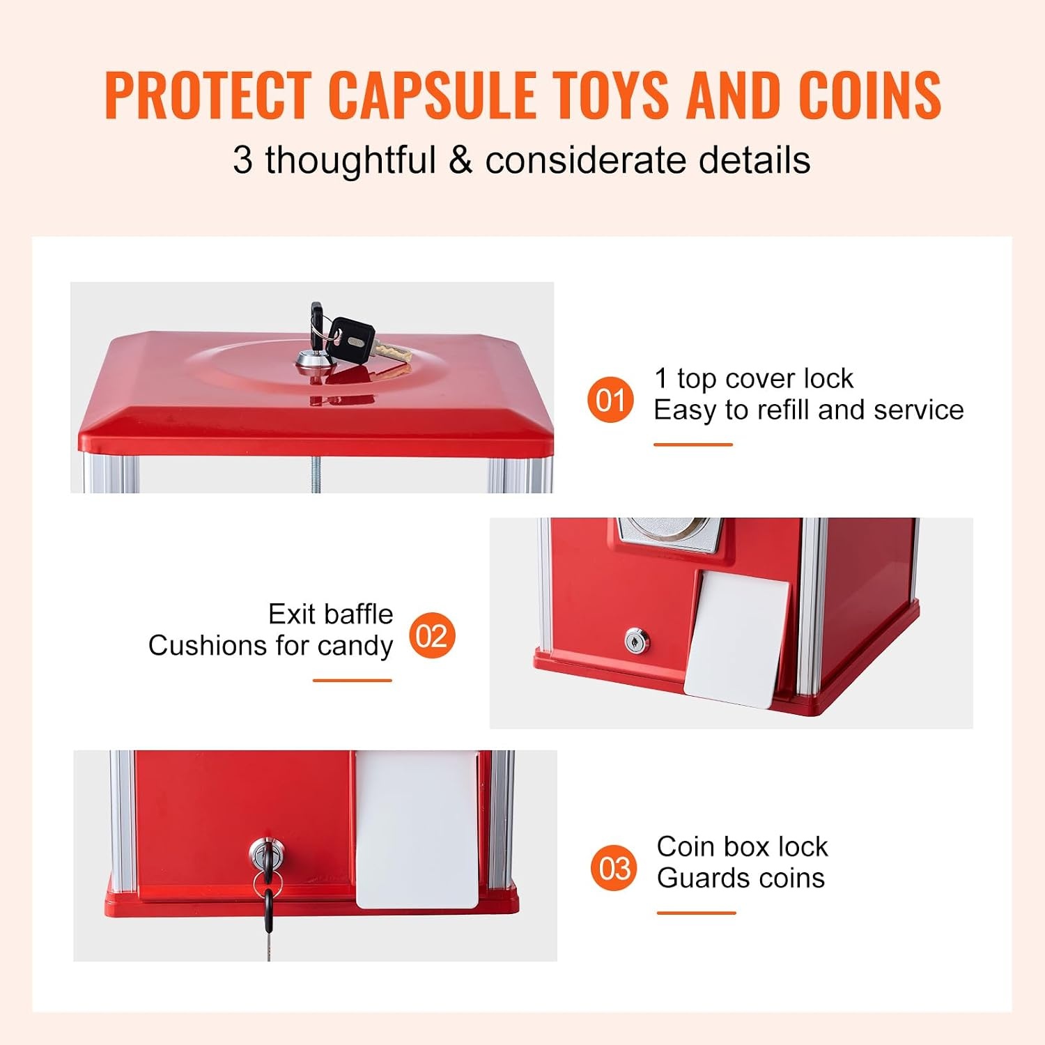 image:imageVEVOR Gumball Machine 21 inch Candy Vending Machine Dispenser 25Cent Vending Machines for Shopping Malls Supermarkets Amusement Parks Arcades Holds Up to 180 177 inch Spherical CandiesRed