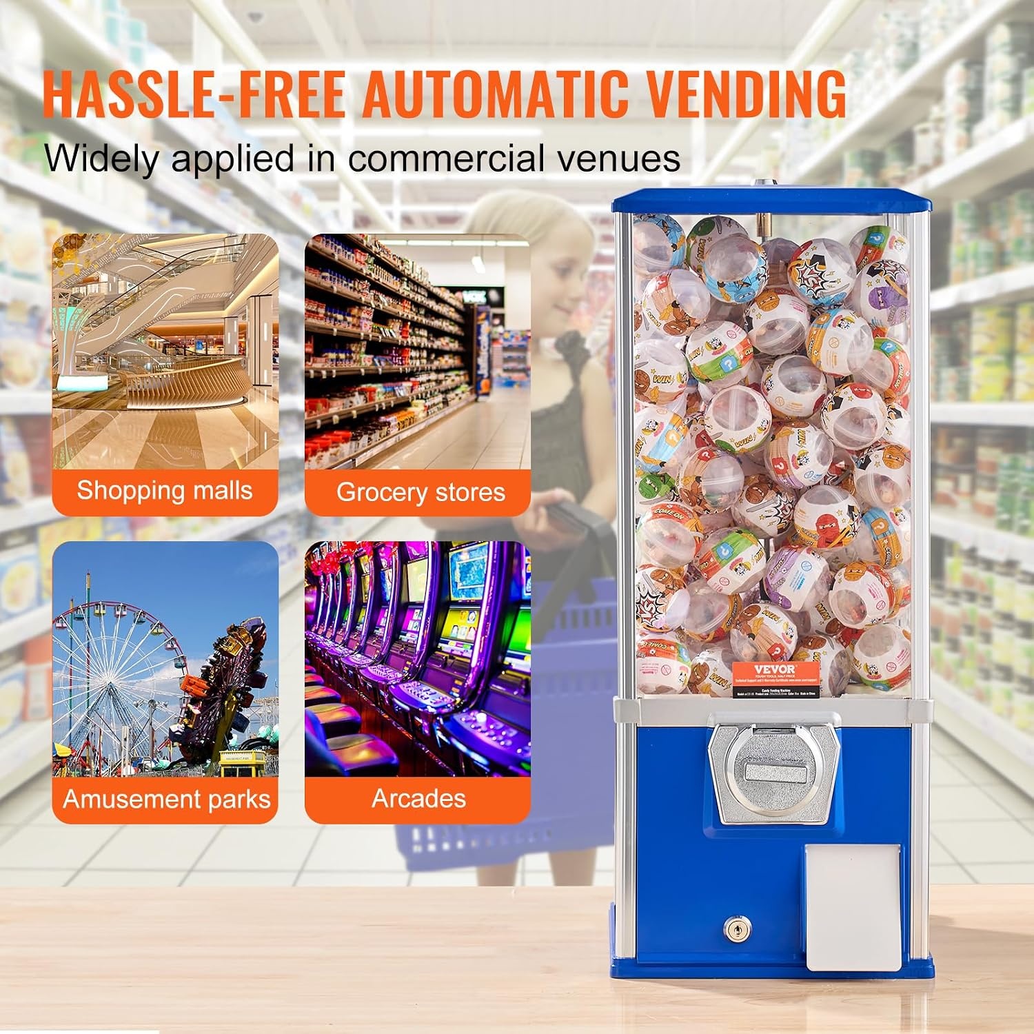 image:imageVEVOR Gumball Machine 21 inch Candy Vending Machine Dispenser 25Cent Vending Machines for Shopping Malls Supermarkets Amusement Parks Arcades Holds Up to 180 177 inch Spherical CandiesBlue