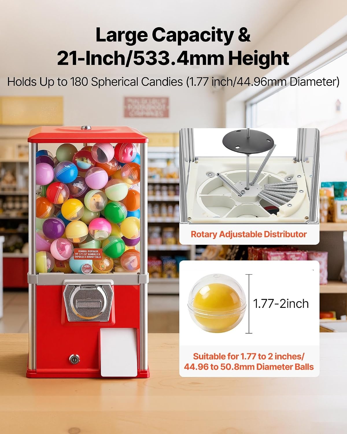 image:imageVEVOR Gumball Machine 21 inch Candy Vending Machine Dispenser 25Cent Vending Machines for Shopping Malls Supermarkets Amusement Parks Arcades Holds Up to 180 177 inch Spherical CandiesRed