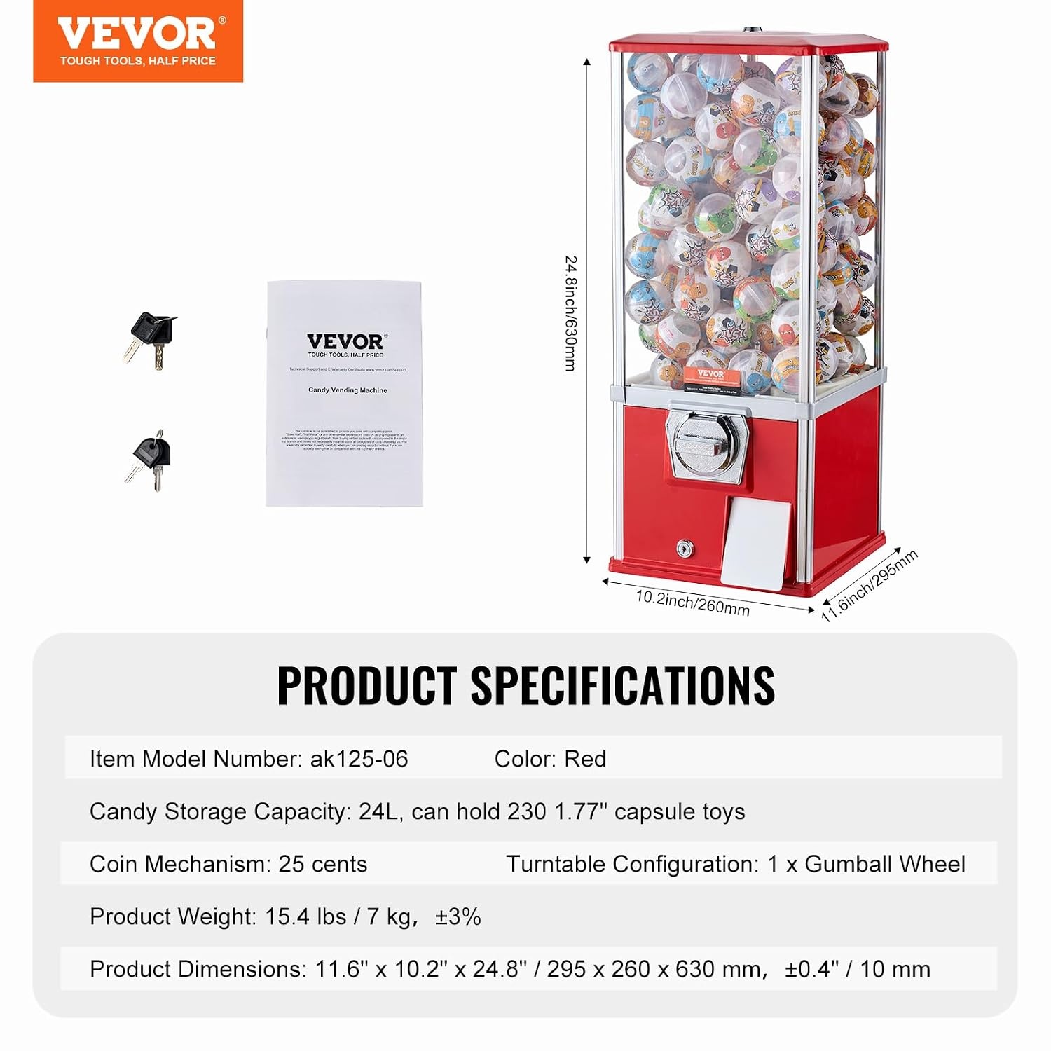 image:imageVEVOR Gumball Machine 21 inch Candy Vending Machine Dispenser 25Cent Vending Machines for Shopping Malls Supermarkets Amusement Parks Arcades Holds Up to 180 177 inch Spherical CandiesRed