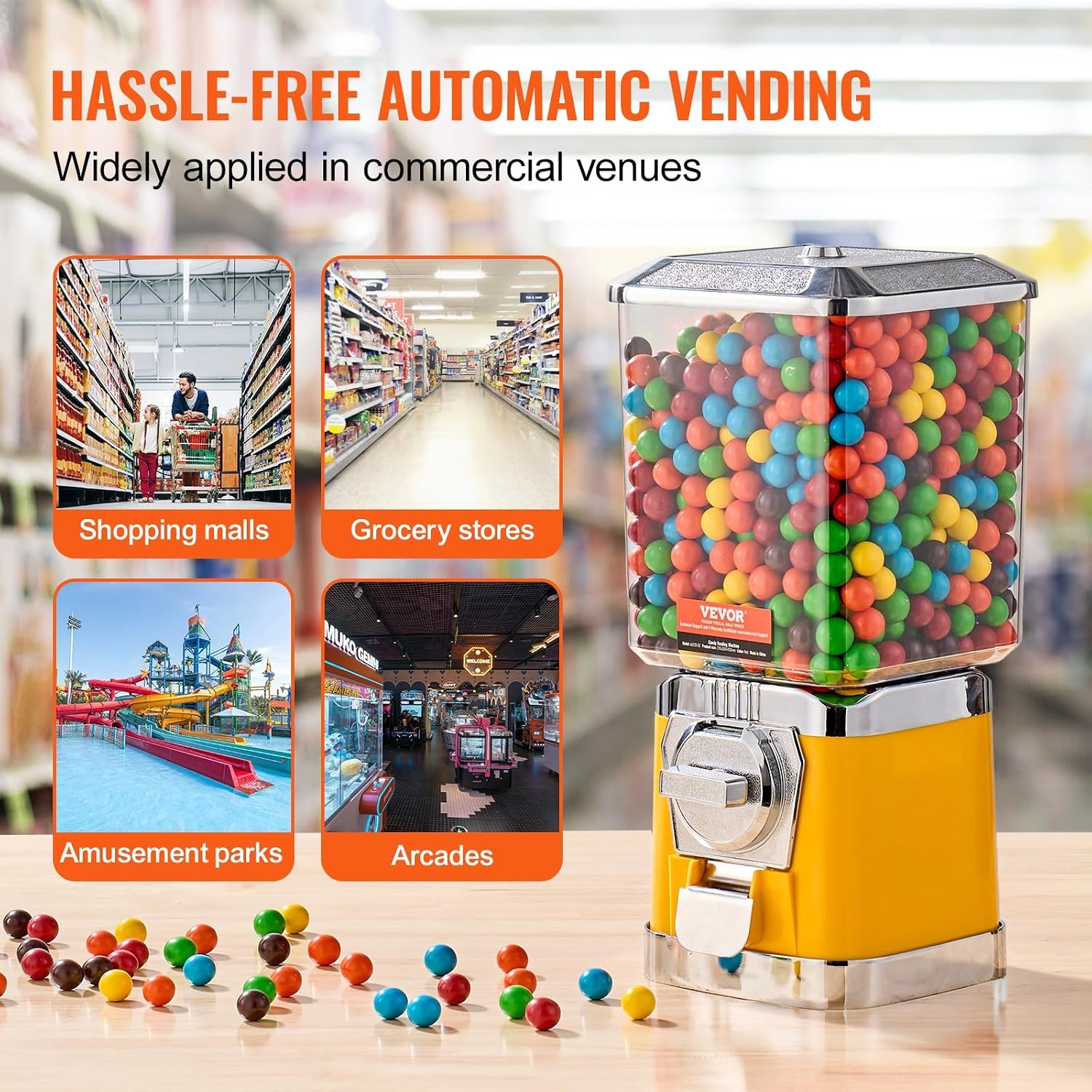 image:imageVEVOR Gumball Machine 21 inch Candy Vending Machine Dispenser 25Cent Vending Machines for Shopping Malls Supermarkets Amusement Parks Arcades Holds Up to 180 177 inch Spherical CandiesYellow