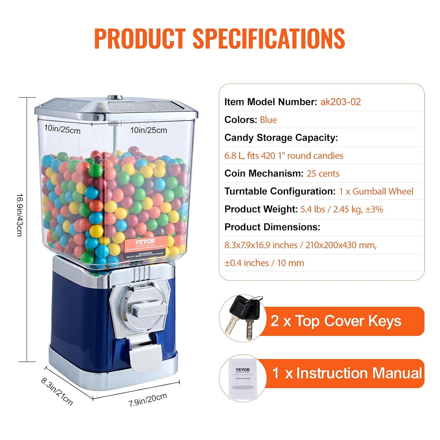 image:imageVEVOR Gumball Machine 21 inch Candy Vending Machine Dispenser 25Cent Vending Machines for Shopping Malls Supermarkets Amusement Parks Arcades Holds Up to 180 177 inch Spherical CandiesBlue