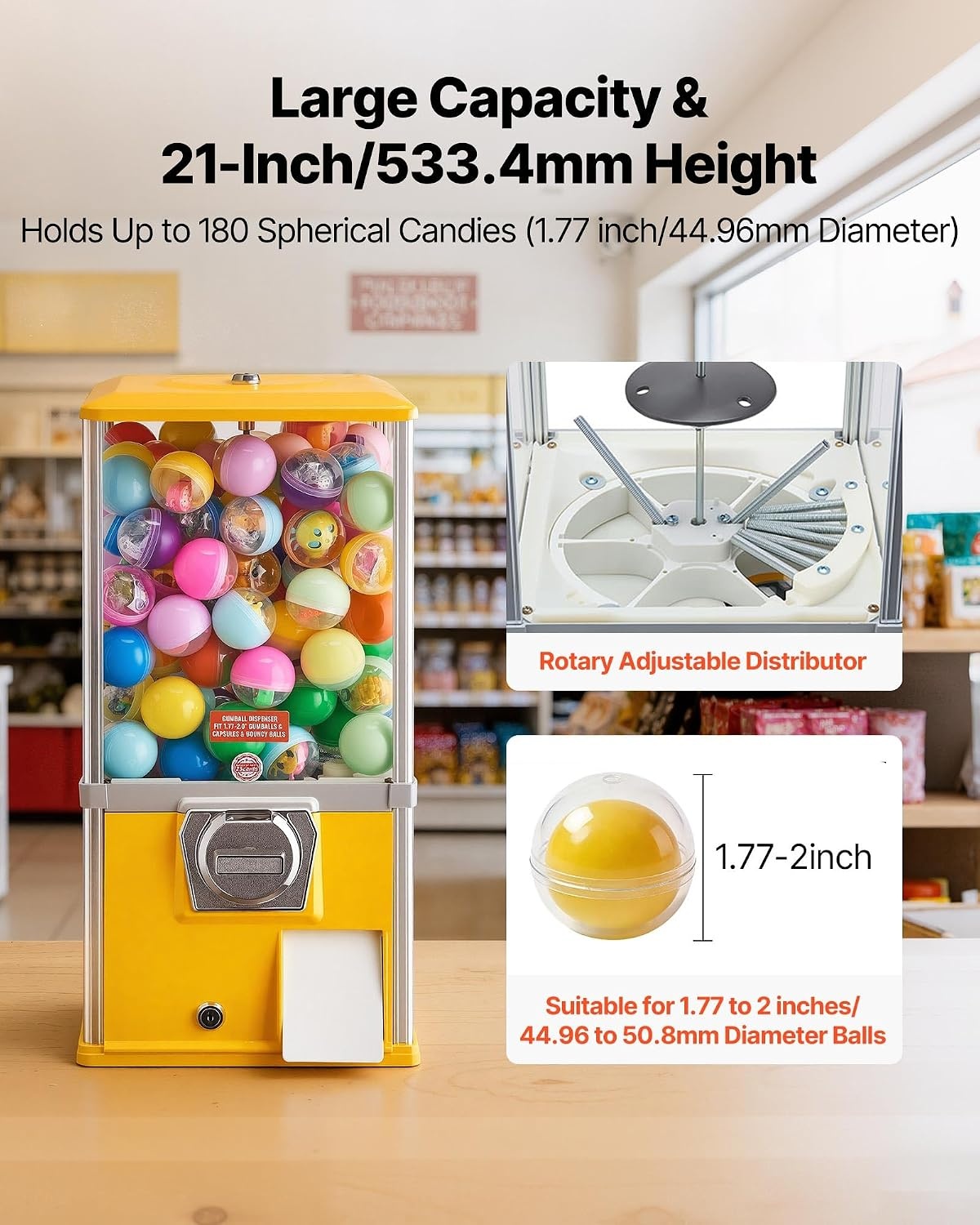 image:imageVEVOR Gumball Machine 21 inch Candy Vending Machine Dispenser 25Cent Vending Machines for Shopping Malls Supermarkets Amusement Parks Arcades Holds Up to 180 177 inch Spherical CandiesYellow