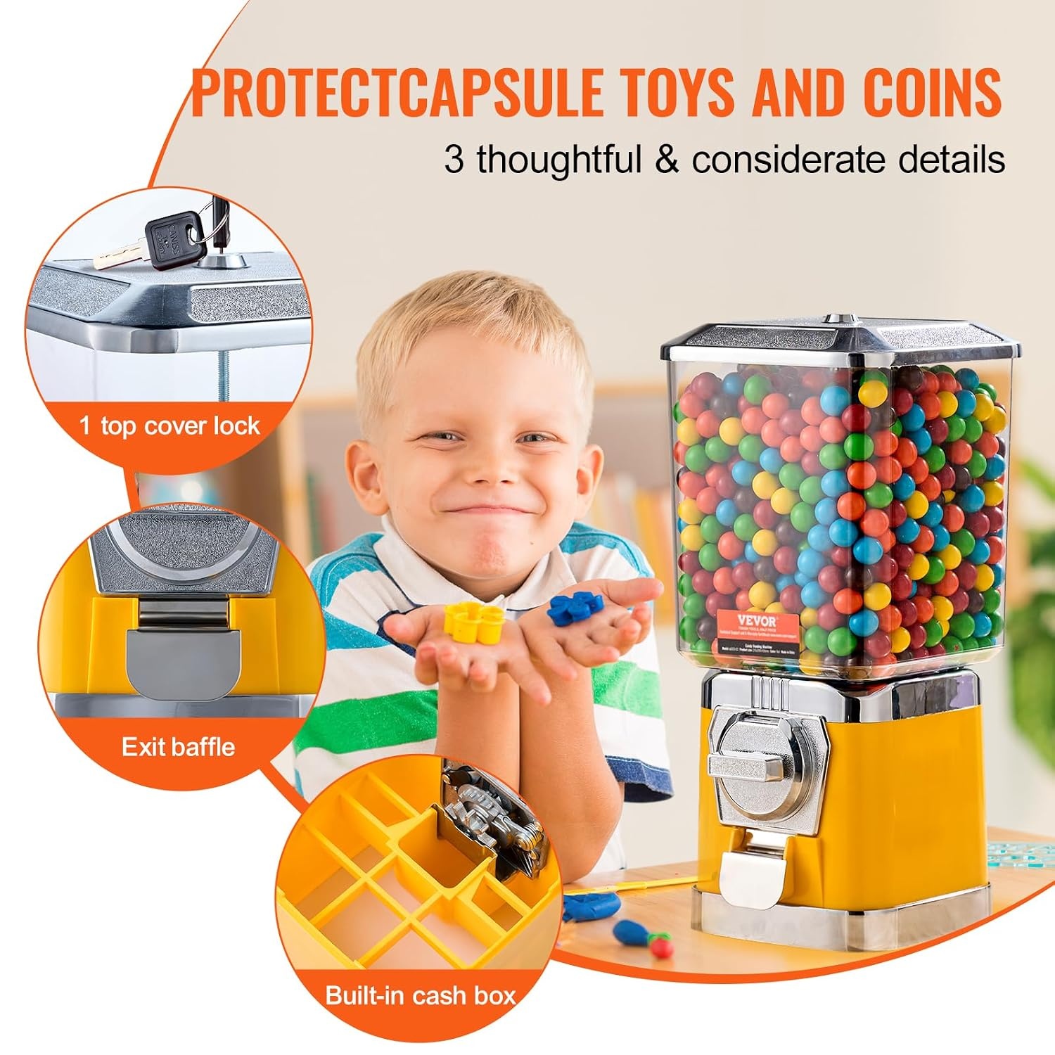 image:imageVEVOR Gumball Machine 21 inch Candy Vending Machine Dispenser 25Cent Vending Machines for Shopping Malls Supermarkets Amusement Parks Arcades Holds Up to 180 177 inch Spherical CandiesYellow