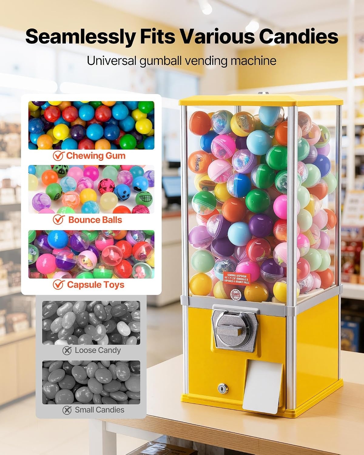 image:imageVEVOR Gumball Machine 21 inch Candy Vending Machine Dispenser 25Cent Vending Machines for Shopping Malls Supermarkets Amusement Parks Arcades Holds Up to 180 177 inch Spherical CandiesYellow