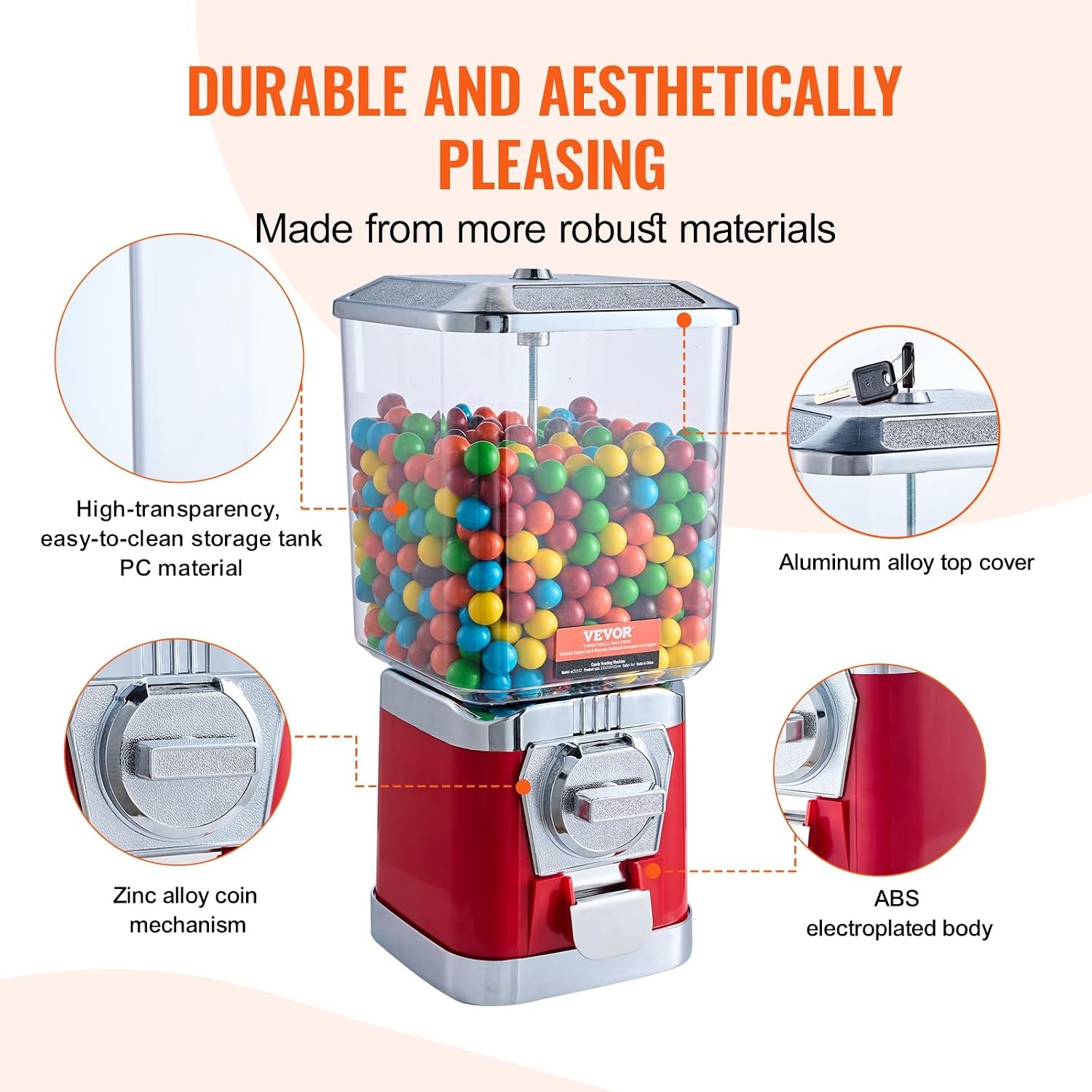 image:imageVEVOR Gumball Machine 21 inch Candy Vending Machine Dispenser 25Cent Vending Machines for Shopping Malls Supermarkets Amusement Parks Arcades Holds Up to 180 177 inch Spherical CandiesRed
