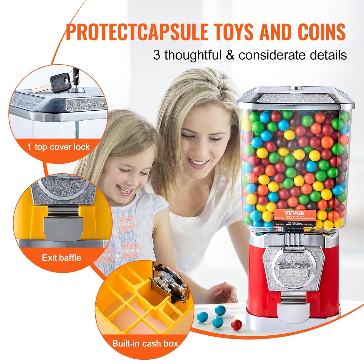 image:imageVEVOR Gumball Machine 21 inch Candy Vending Machine Dispenser 25Cent Vending Machines for Shopping Malls Supermarkets Amusement Parks Arcades Holds Up to 180 177 inch Spherical CandiesRed